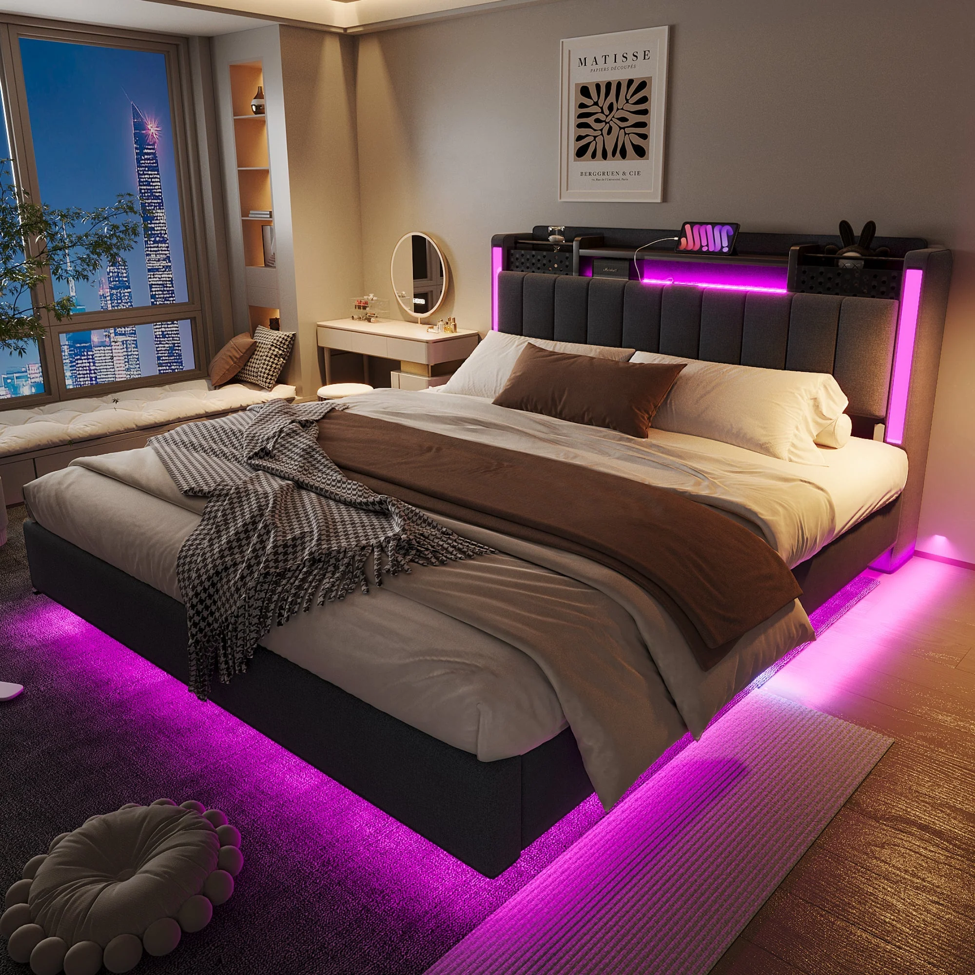 Upholstered Bed, 160*200 LED, USB, Storage Headboard, Grey Linen - Image 6