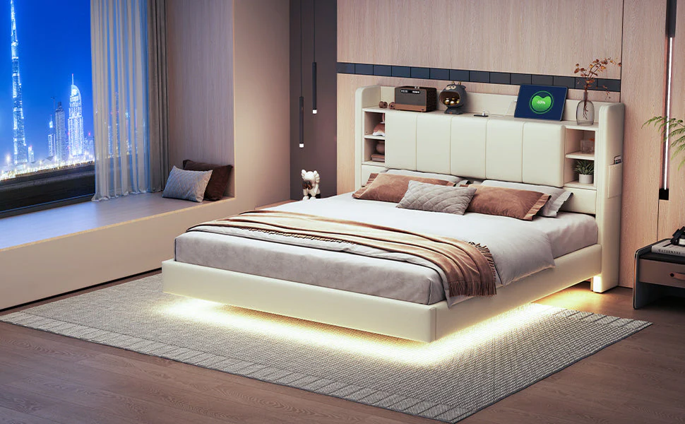 Upholstered Bed 160 x 200 cm, USB Socket, Light Strip, Reversible Headboard, Beige Linen Fabric - Image 10