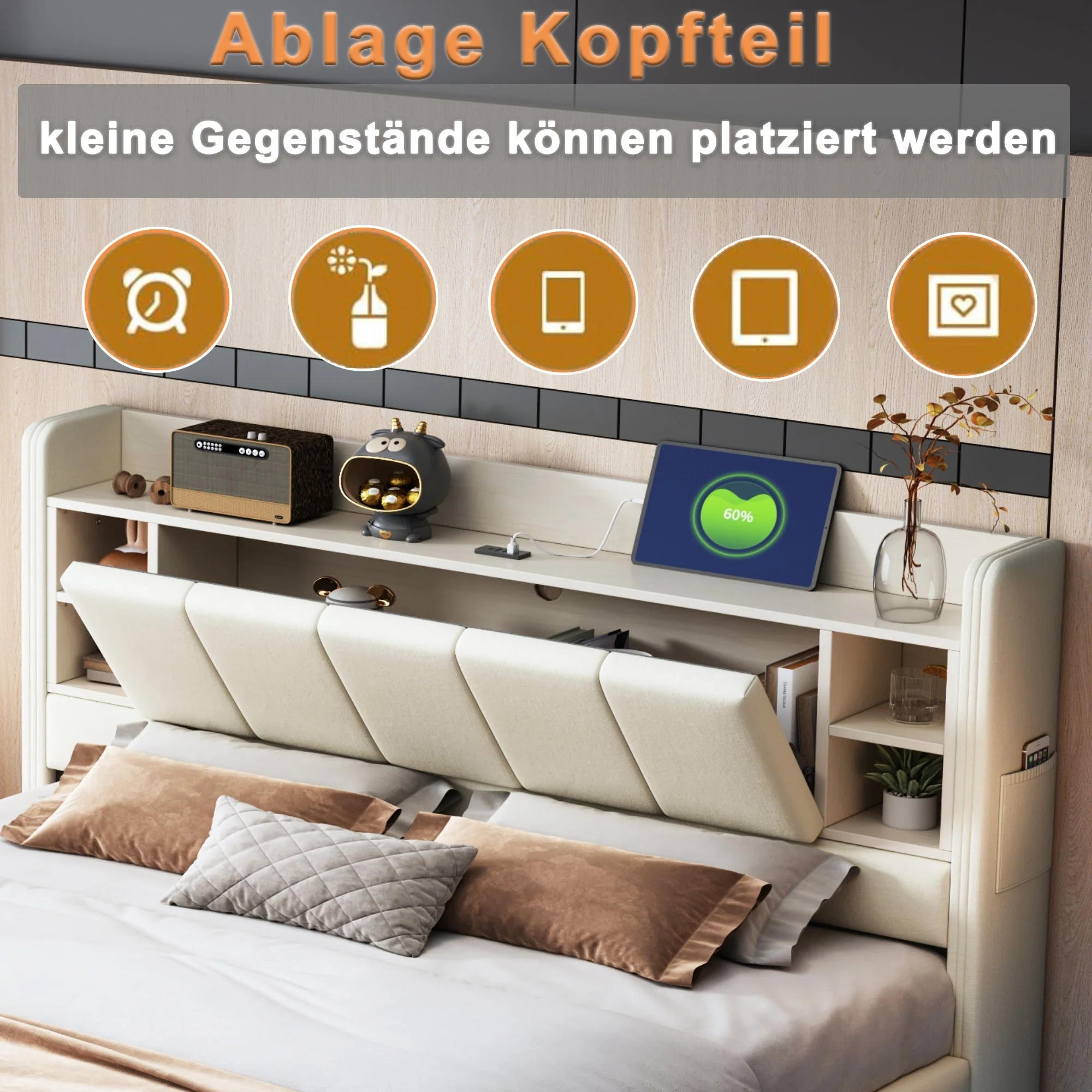 Upholstered Bed 160 x 200 cm, USB Socket, Light Strip, Reversible Headboard, Beige Linen Fabric - Image 5