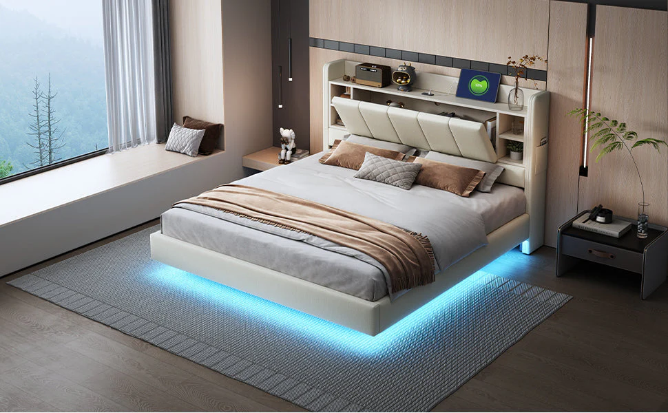 Upholstered Bed 160 x 200 cm, USB Socket, Light Strip, Reversible Headboard, Beige Linen Fabric - Image 8
