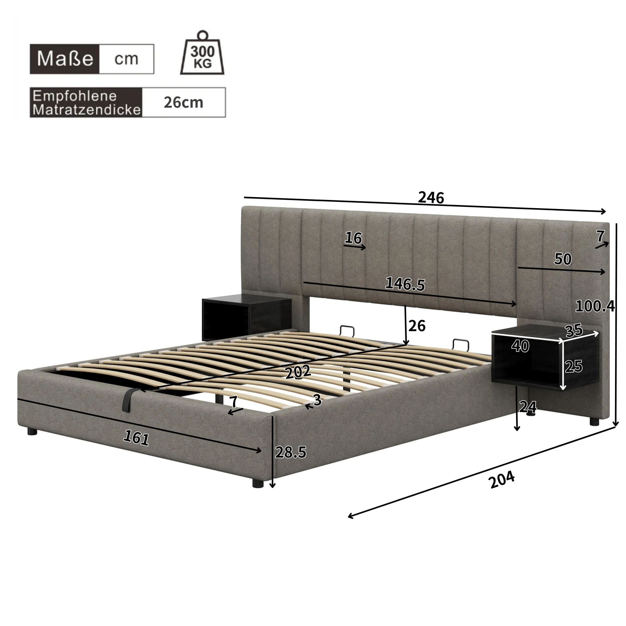 Upholstered Bed 160 x 200 cm with Hydraulic Storage and 2 Bedside Tables, Grey and Black Linen - Image 10