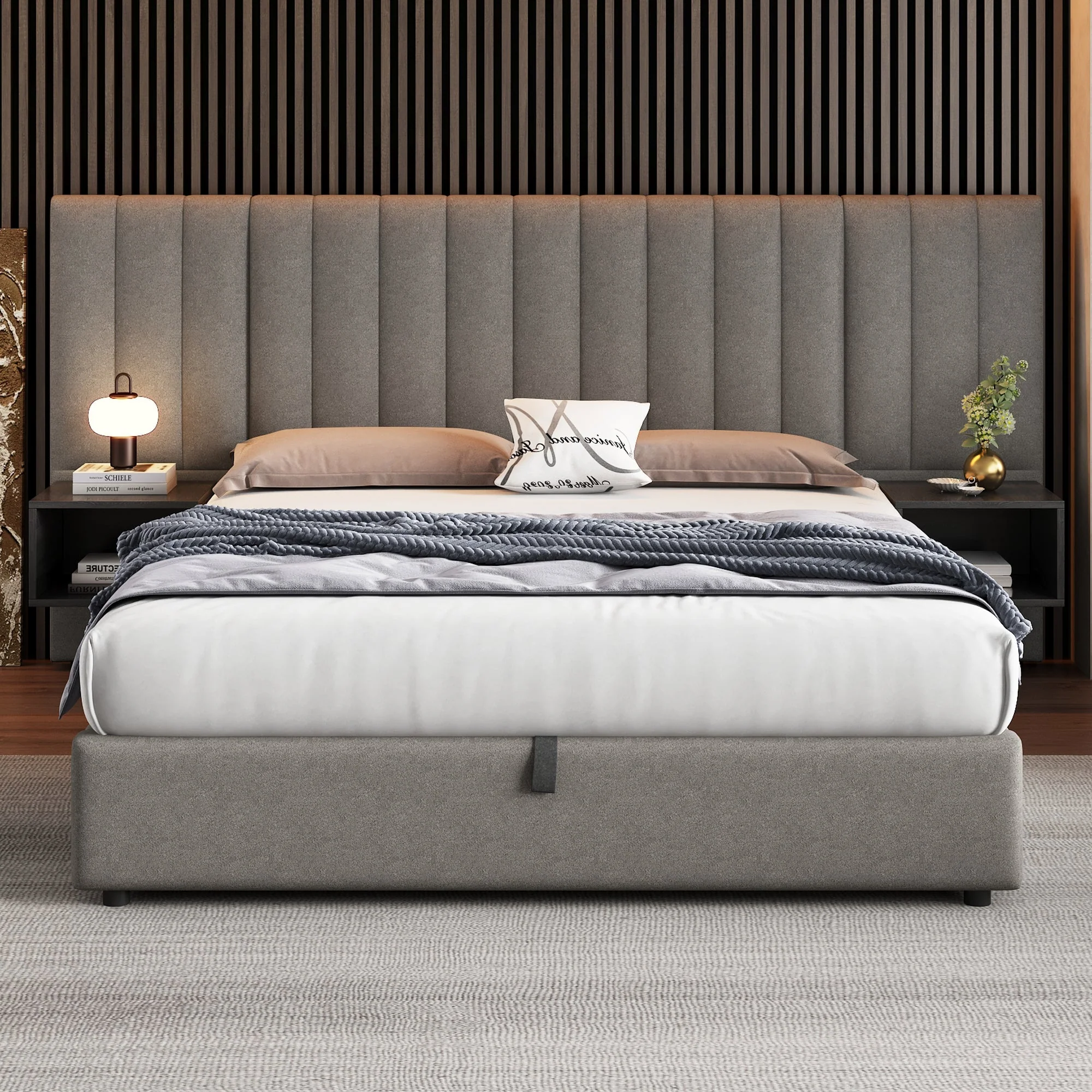 Upholstered Bed 160 x 200 cm with Hydraulic Storage and 2 Bedside Tables, Grey and Black Linen - Image 2