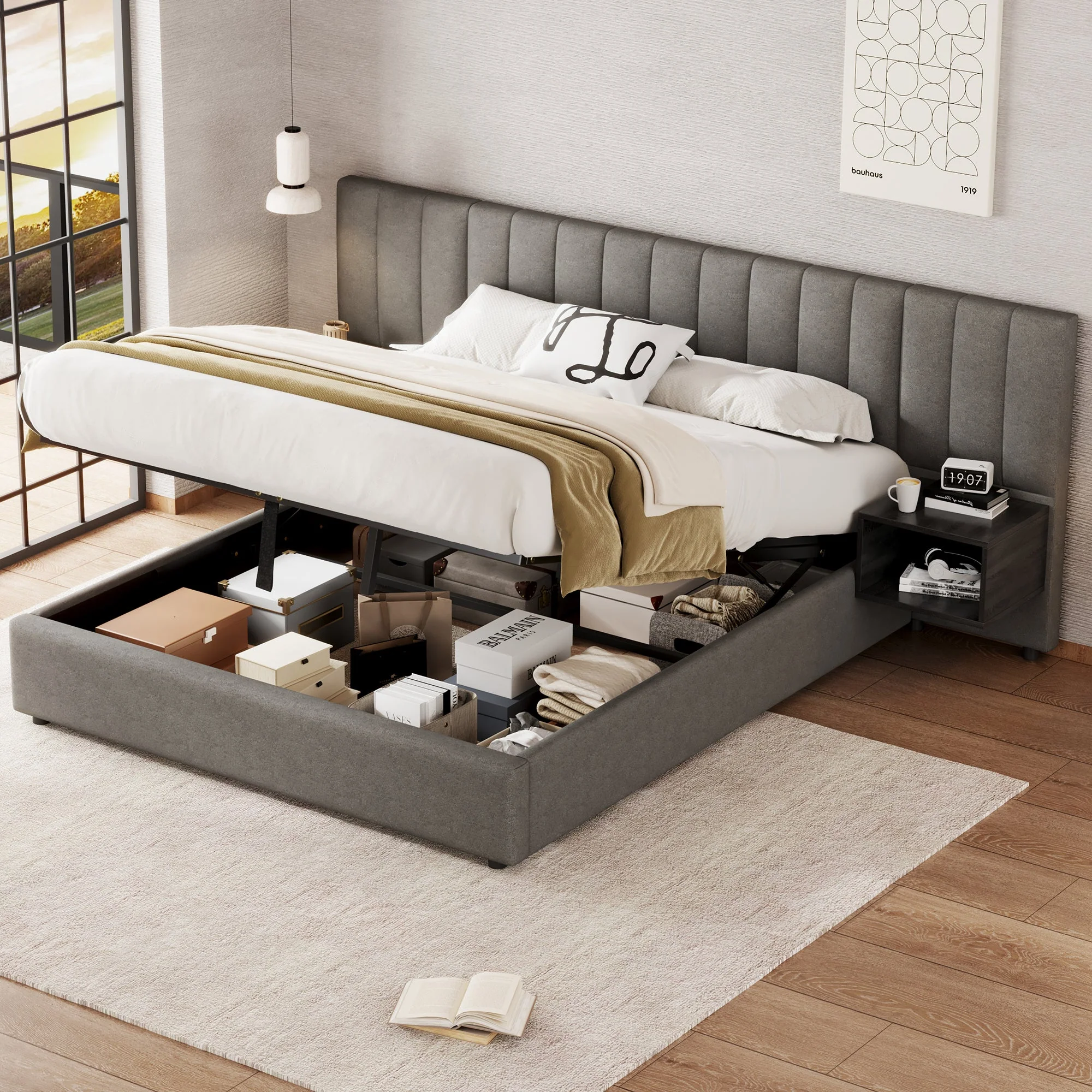 Upholstered Bed 160 x 200 cm with Hydraulic Storage and 2 Bedside Tables, Grey and Black Linen - Image 3