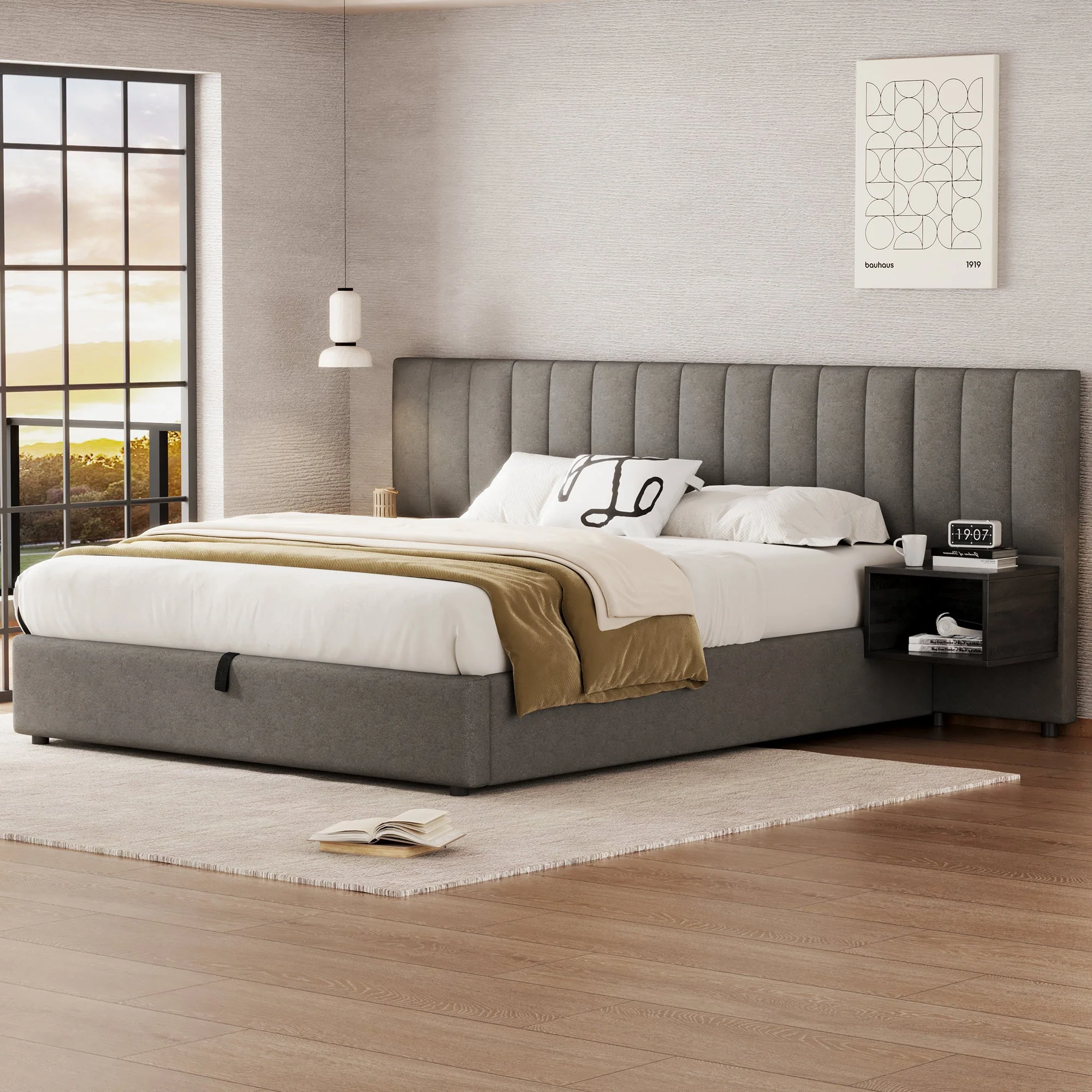 Upholstered Bed 160 x 200 cm with Hydraulic Storage and 2 Bedside Tables, Grey and Black Linen - Image 4
