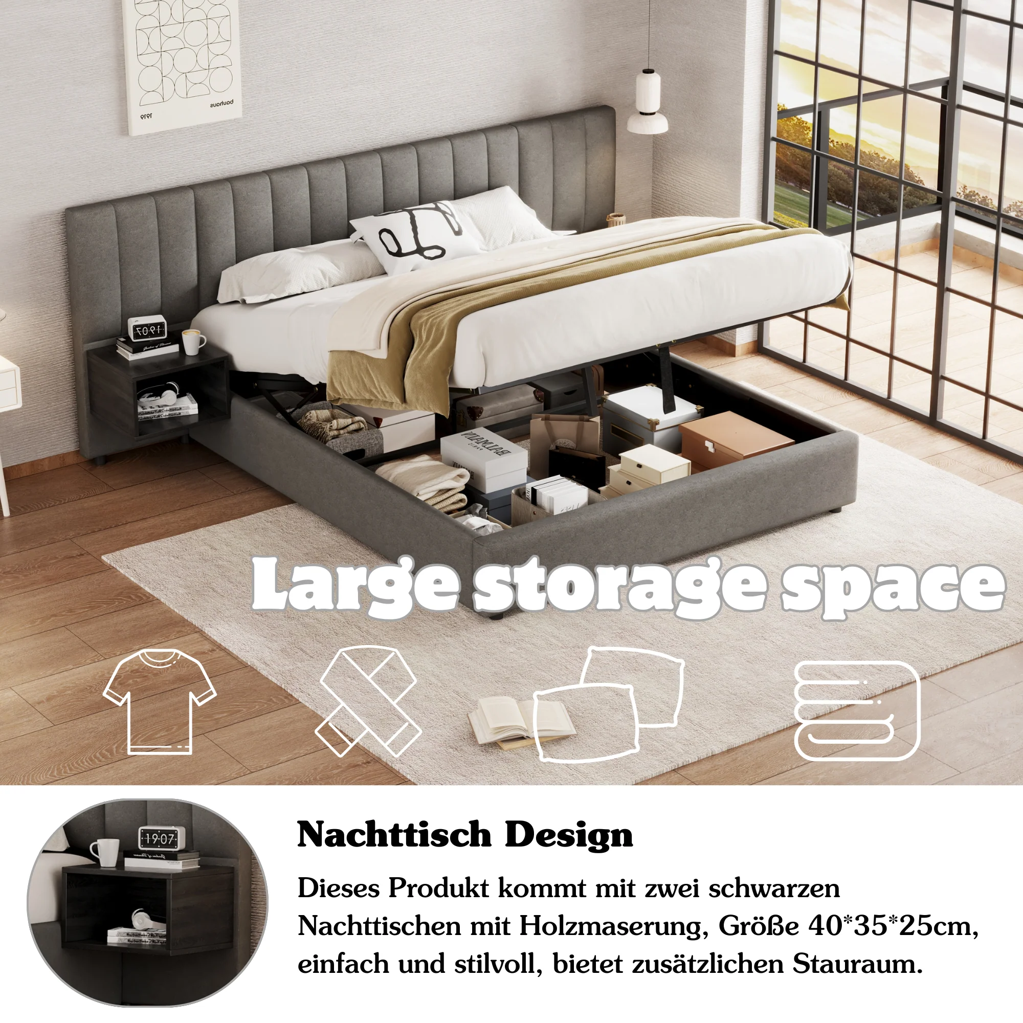 Upholstered Bed 160 x 200 cm with Hydraulic Storage and 2 Bedside Tables, Grey and Black Linen - Image 5