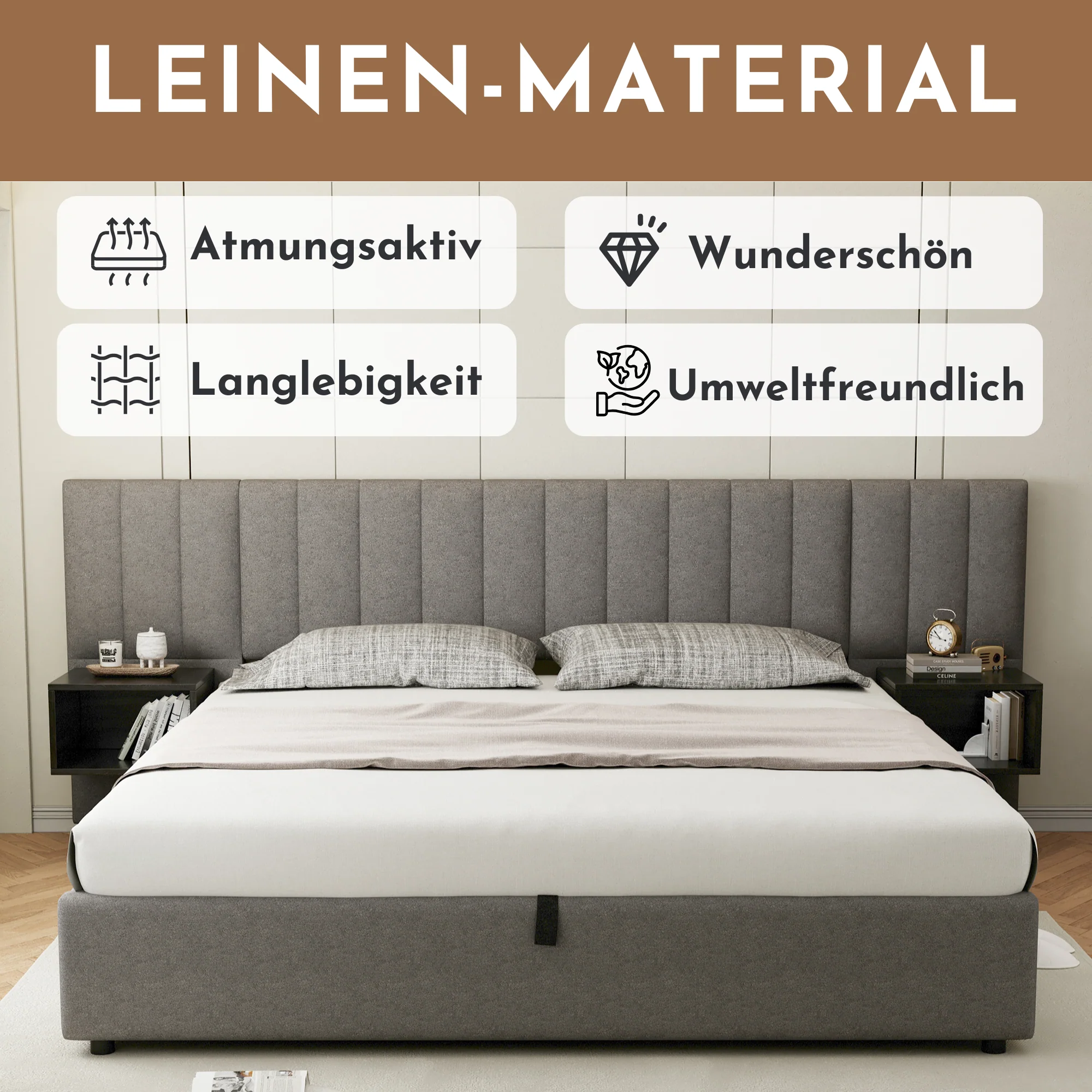 Upholstered Bed 160 x 200 cm with Hydraulic Storage and 2 Bedside Tables, Grey and Black Linen - Image 6