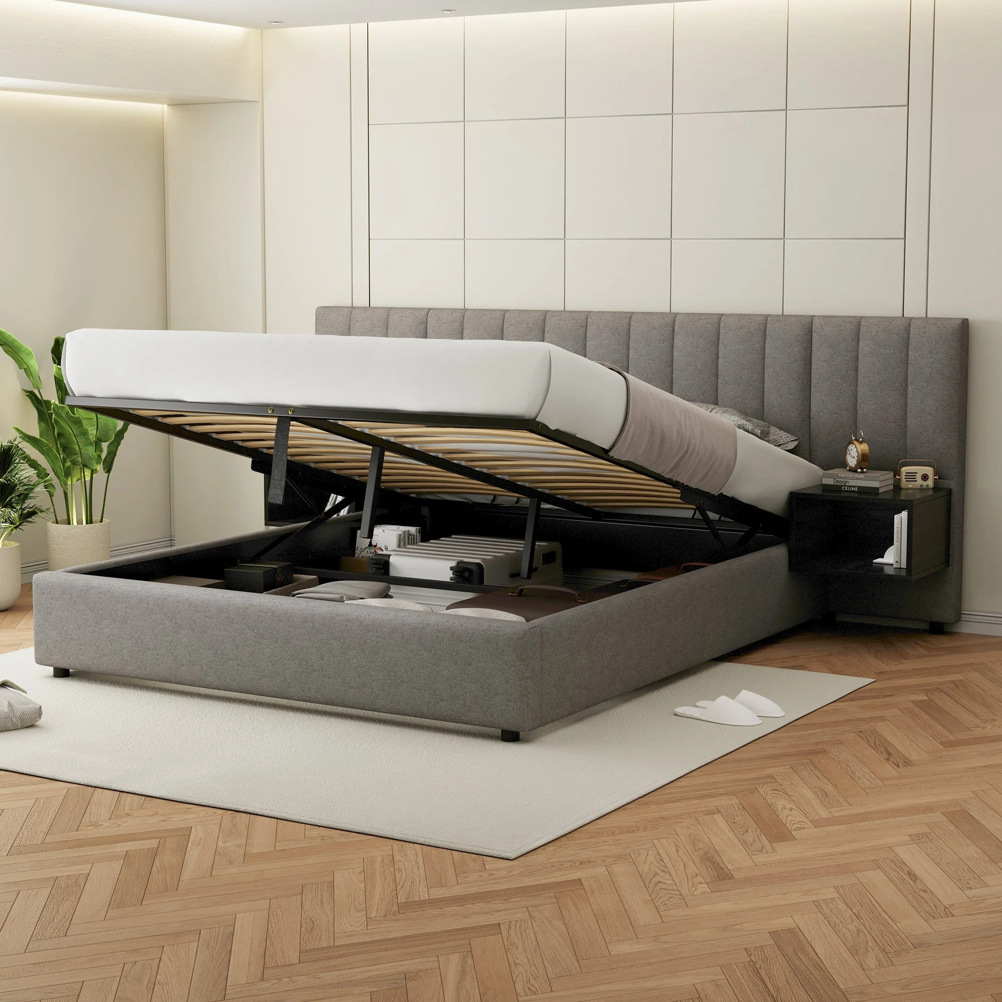 Upholstered Bed 160 x 200 cm with Hydraulic Storage and 2 Bedside Tables, Grey and Black Linen - Image 7