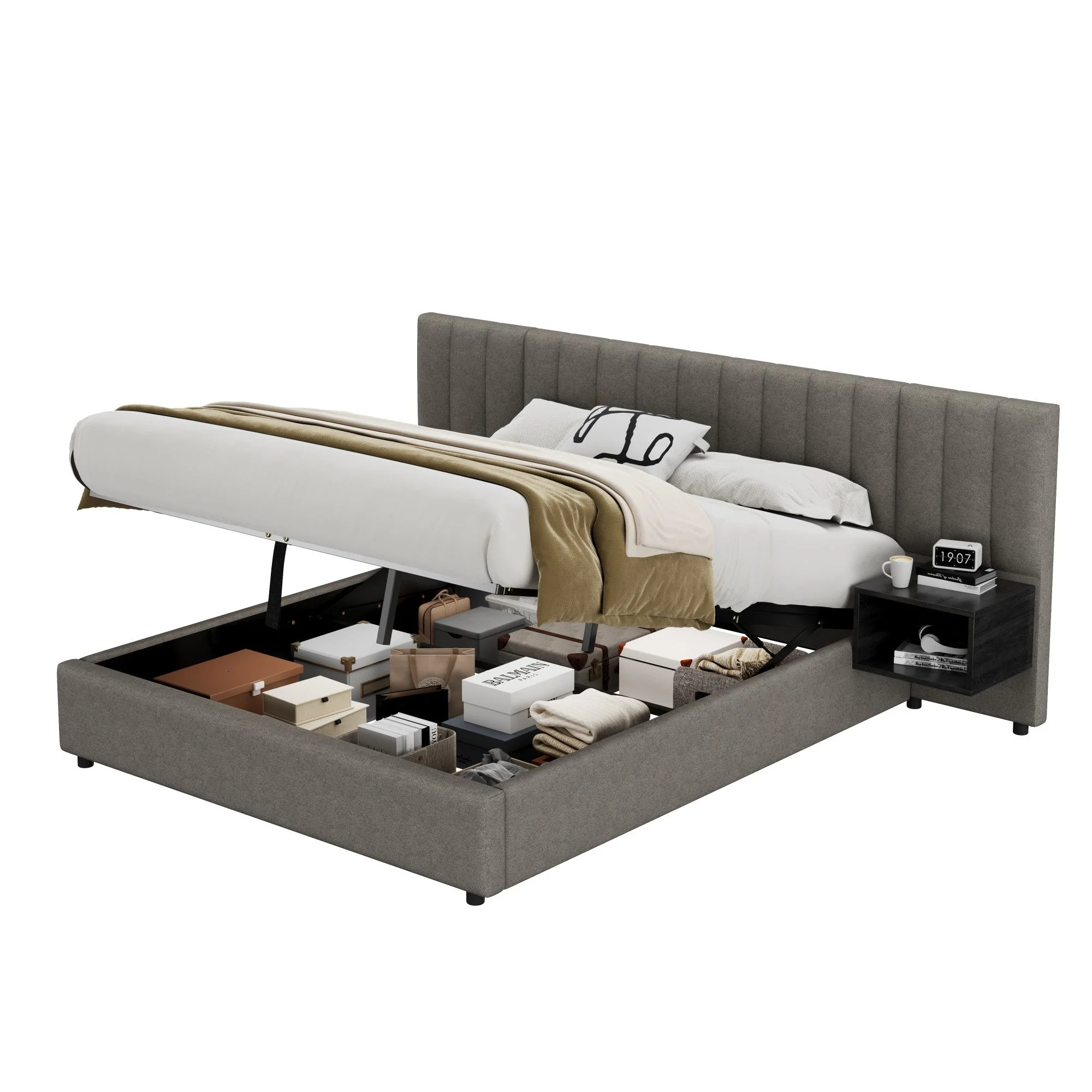 Upholstered Bed 160 x 200 cm with Hydraulic Storage and 2 Bedside Tables, Grey and Black Linen - Image 8