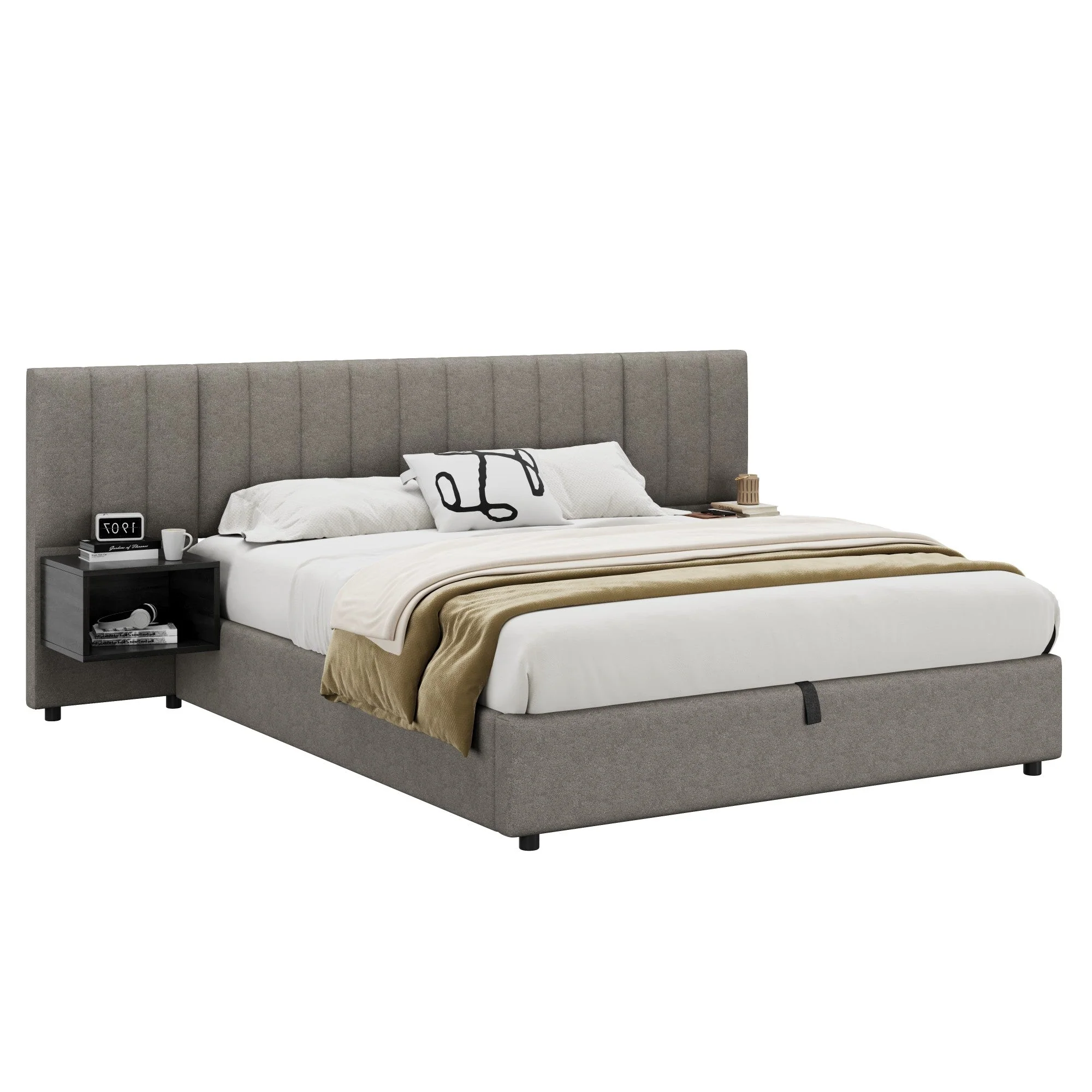 Upholstered Bed 160 x 200 cm with Hydraulic Storage and 2 Bedside Tables, Grey and Black Linen - Image 9