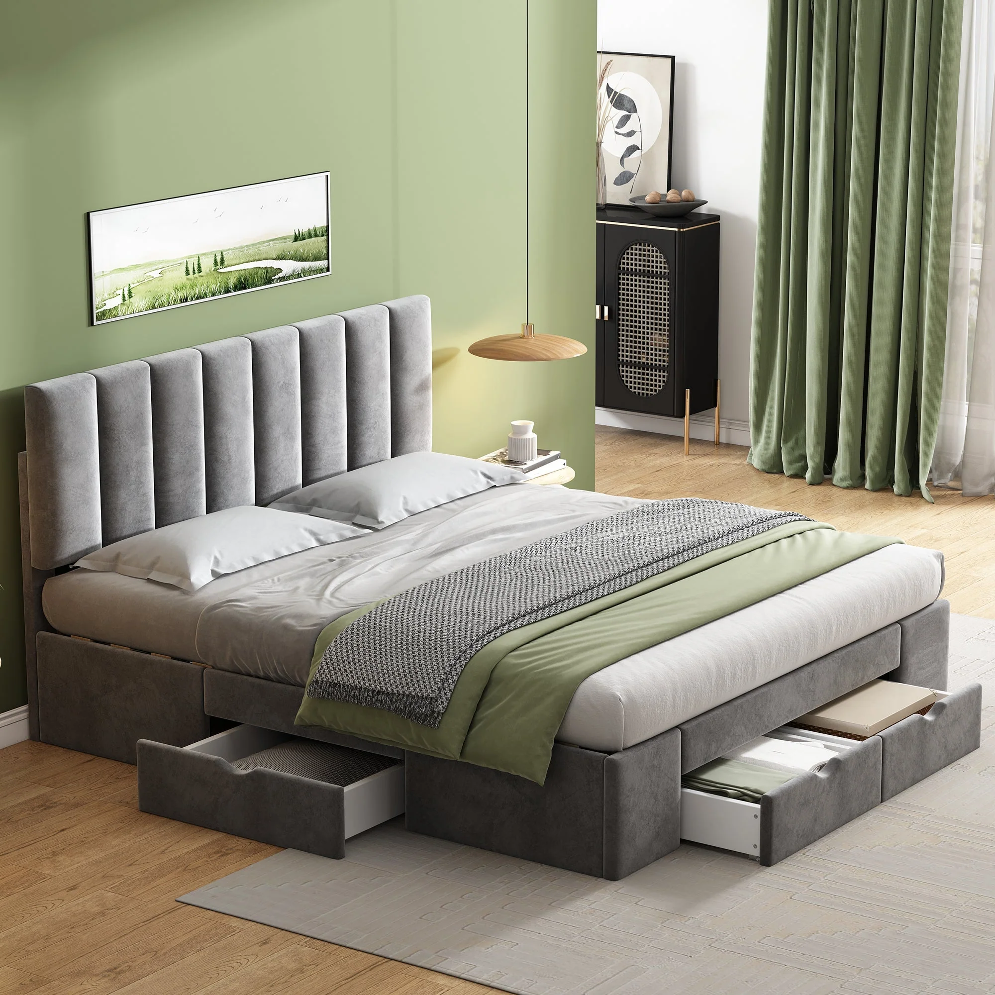 Upholstered Bed 160 x 200 cm with Slatted Base and 4 Storage Drawers, Grey Velvet - Image 3