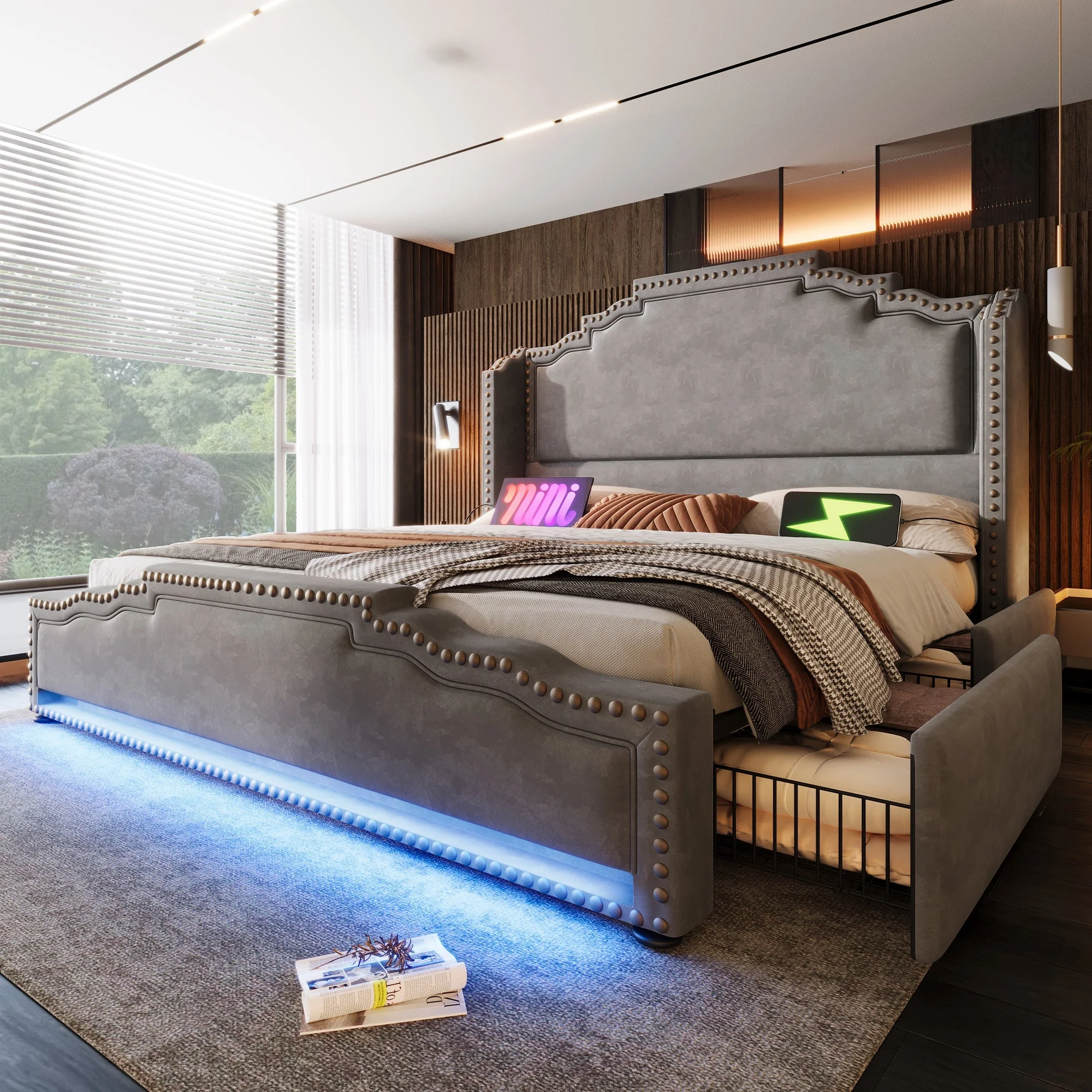 Upholstered Bed 160x200, 4 Drawers, LED, USB-C, Slatted Frame, Velvet Grey