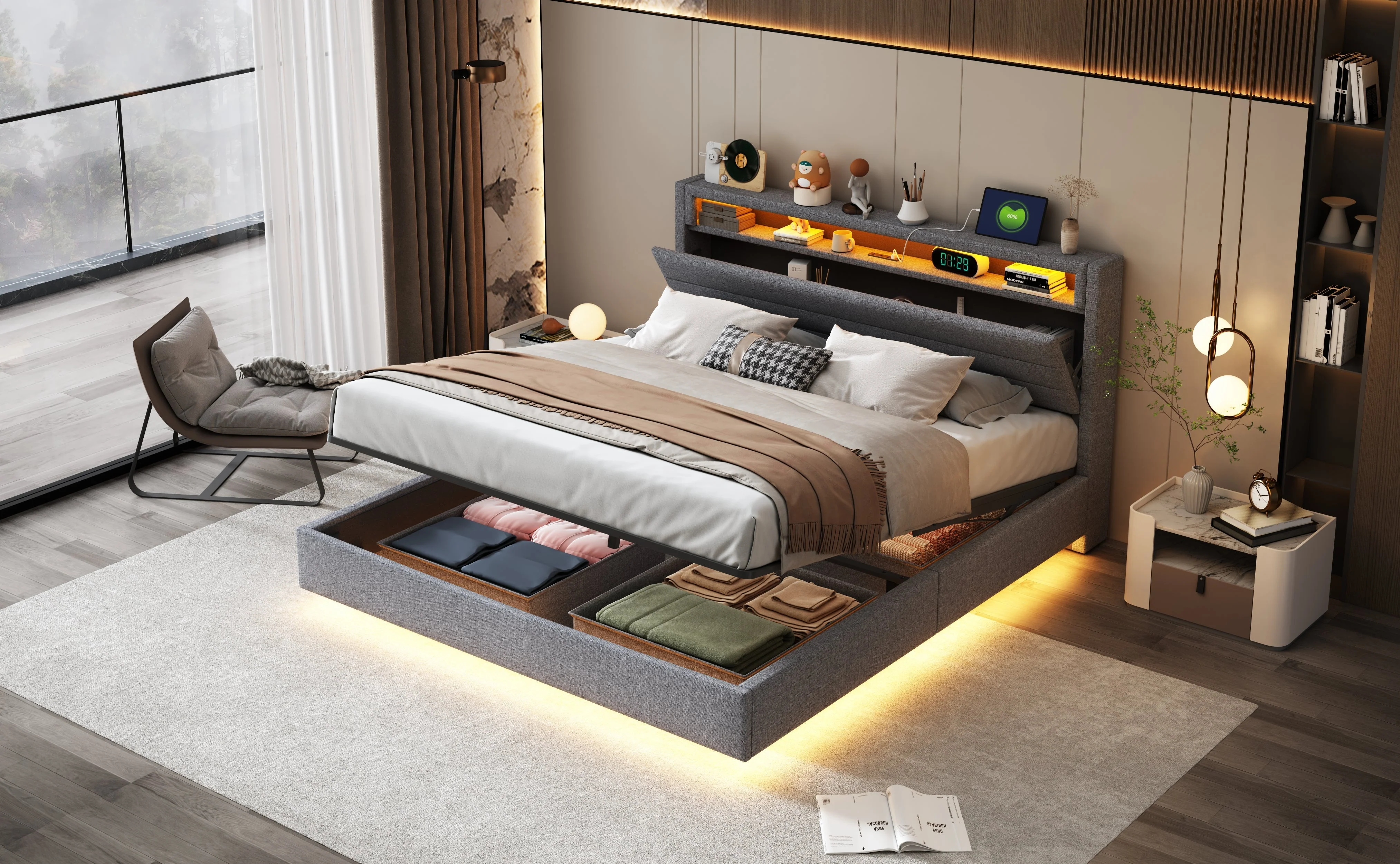Upholstered Bed 160x200 cm, Hydraulic Floating Frame with Storage, USB & LED, Linen Grey - Image 10