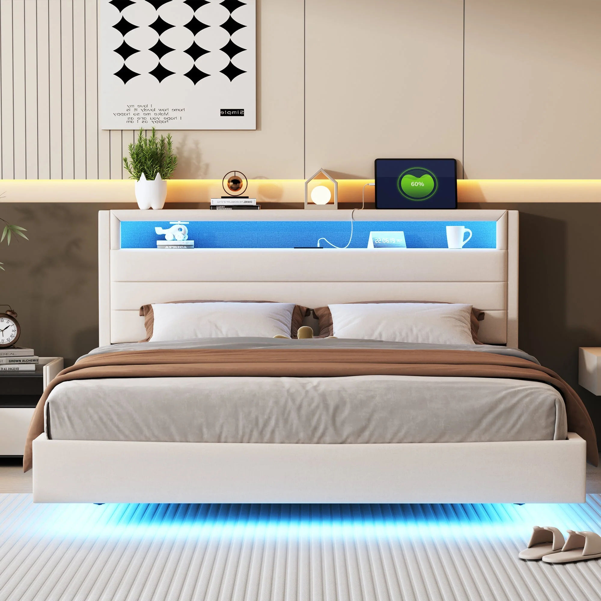Upholstered Bed 160x200 cm, USB & LED, Reversible Headboard, Linen Fabric Beige - Image 2
