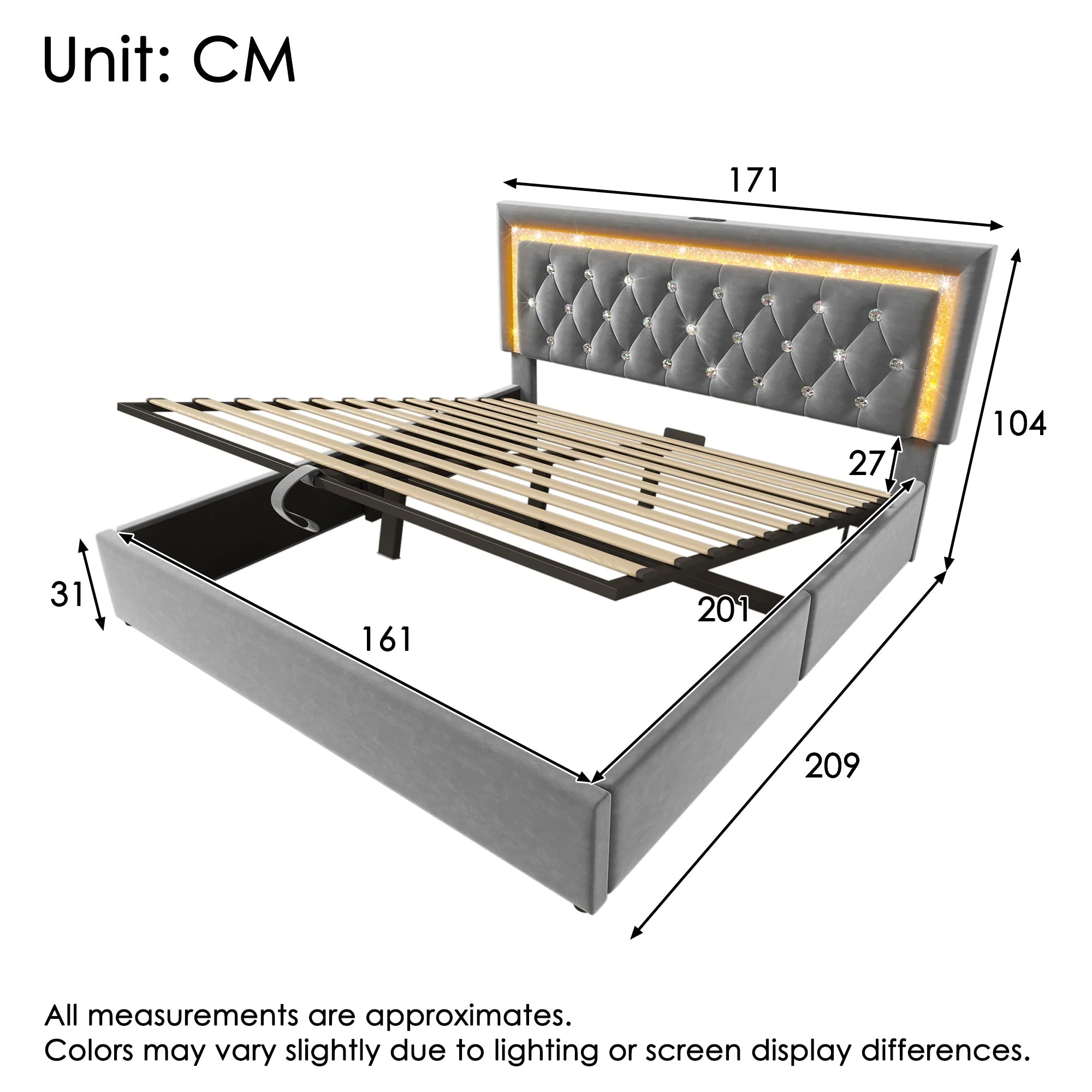Upholstered Bed 160x200 cm with LED, USB Charging and Hydraulic Storage (with Mattress), Grey Velvet - Image 2