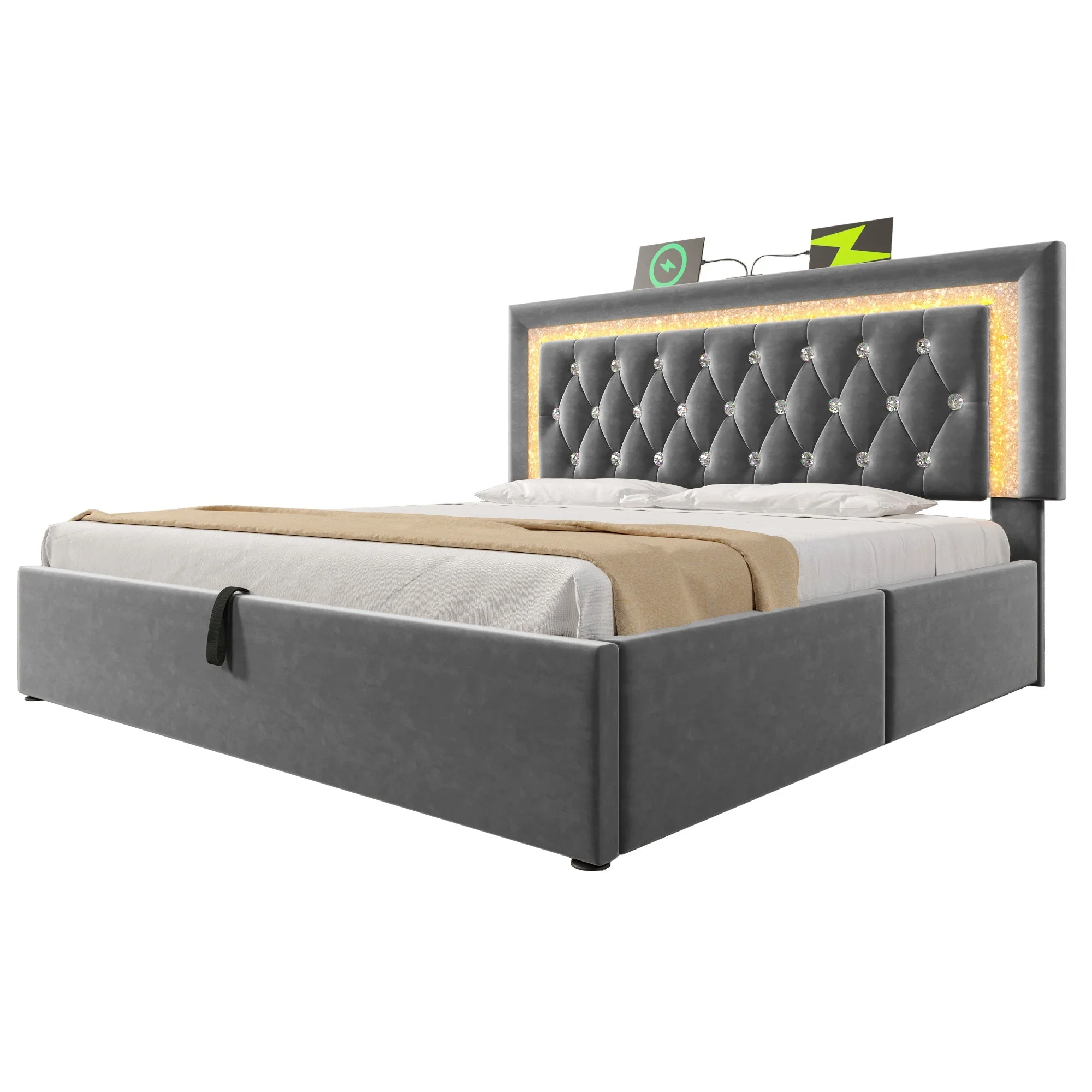 Upholstered Bed 160x200 cm with LED, USB Charging and Hydraulic Storage (with Mattress), Grey Velvet - Image 6