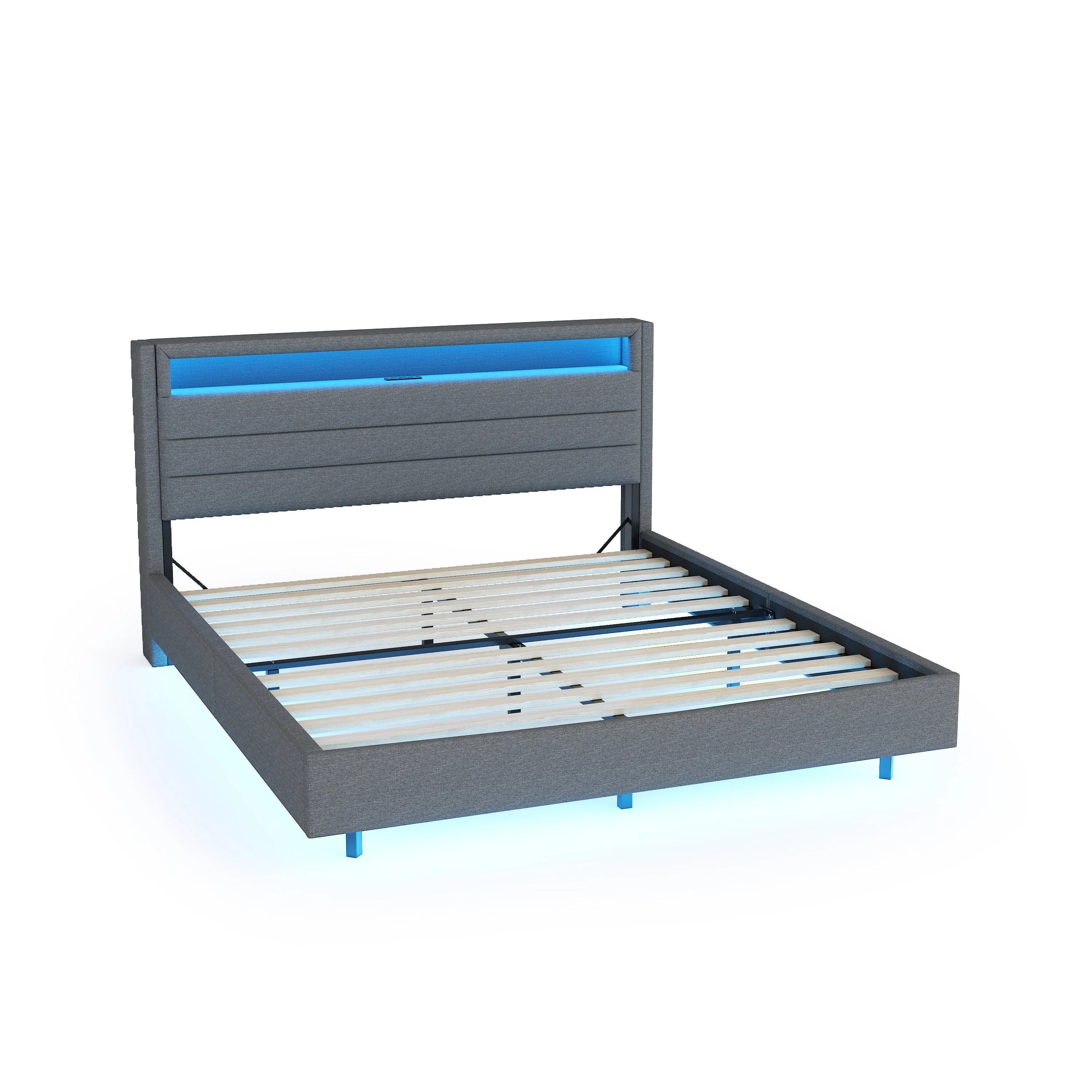 Upholstered Bed, 160x200 cm with USB & LED, Reversible Headboard, Grey Linen - Image 10