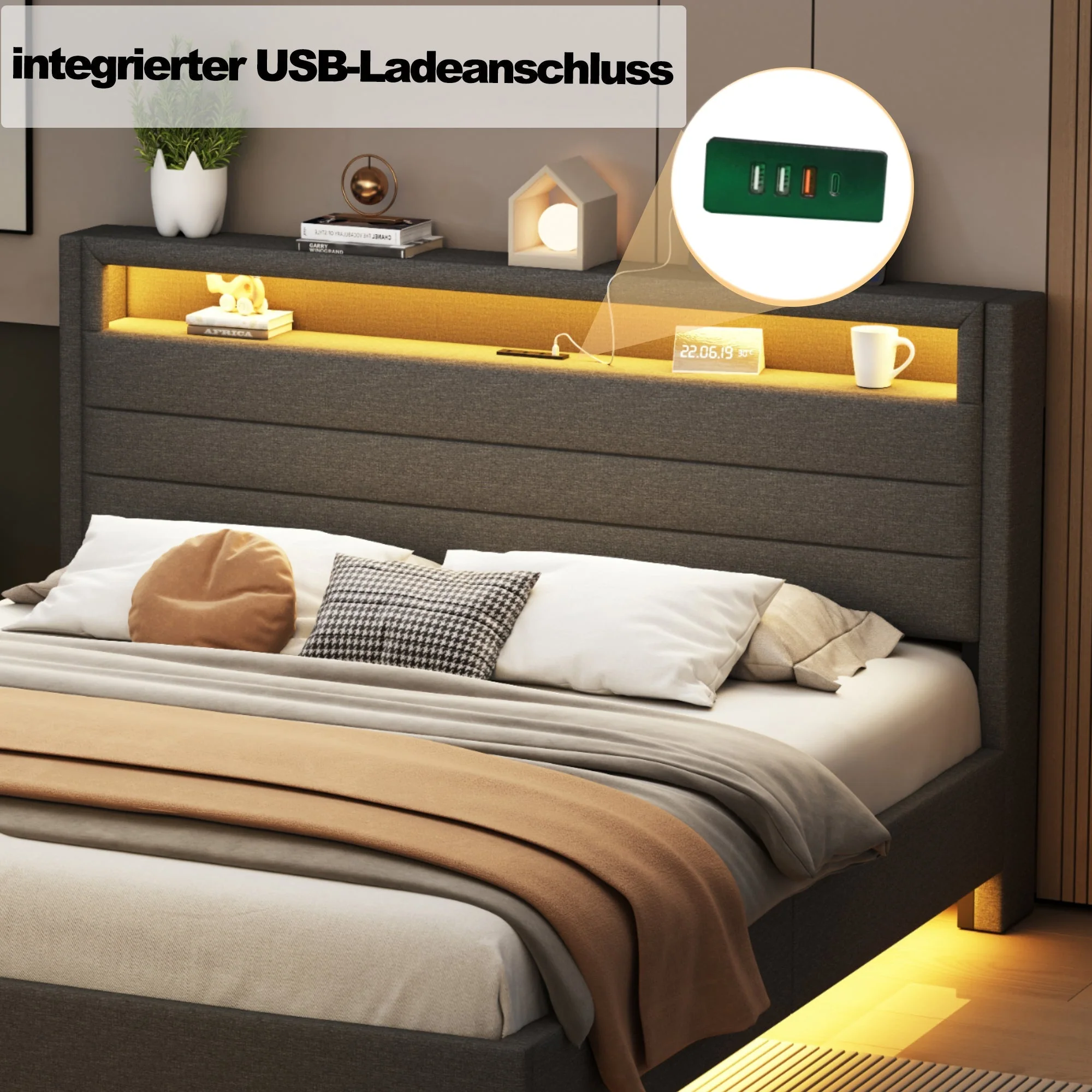 Upholstered Bed, 160x200 cm with USB & LED, Reversible Headboard, Grey Linen - Image 6