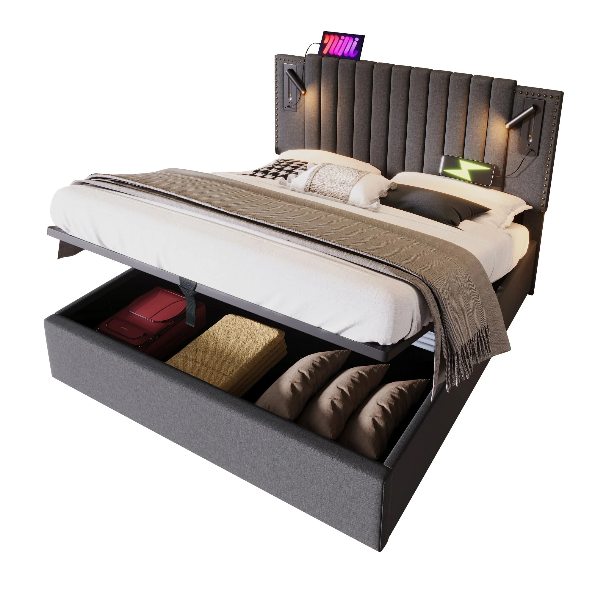 Upholstered Bed 160x200, Double Bed with Storage & Reading Light, Cotton Gray - Image 6