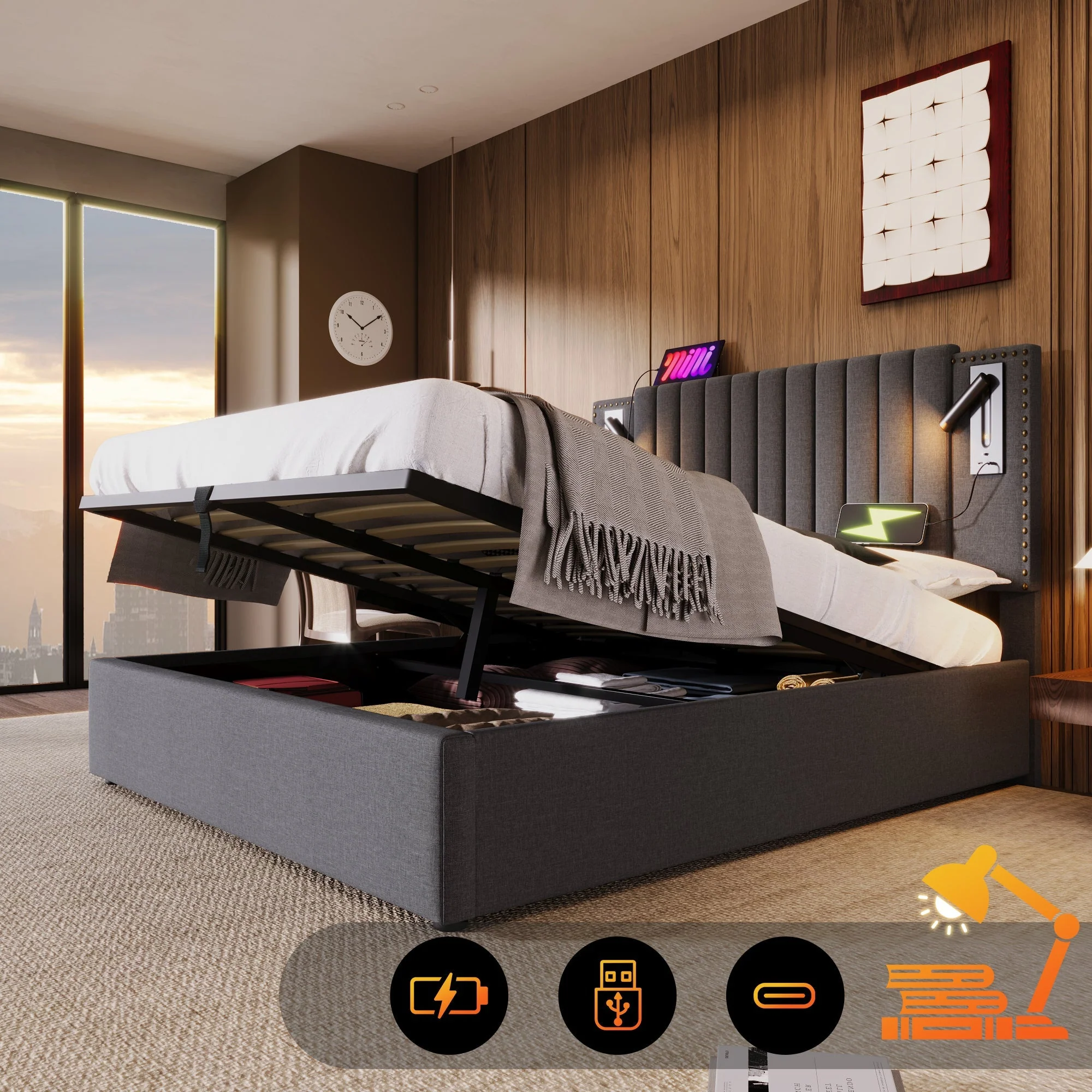 Upholstered Bed 160x200, Double Bed with Storage, Reading Light, Rivet Headboard, Gray Cotton - Image 2