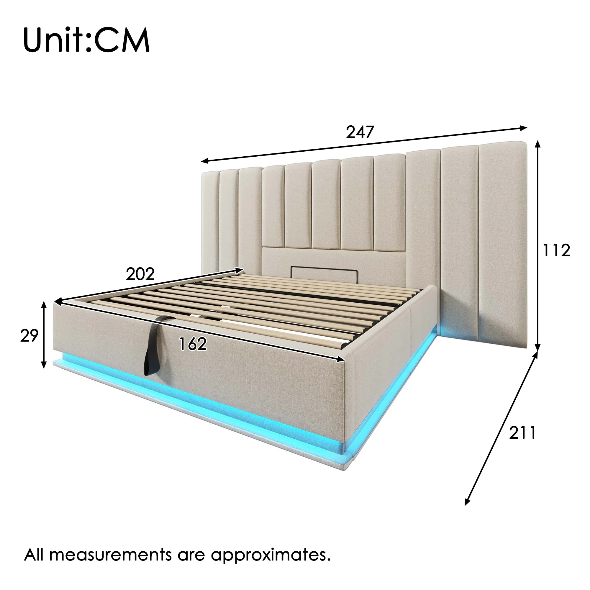Upholstered Bed 160x200 Double Storage LED USB-C Slatted Base, Linen Beige - Image 3