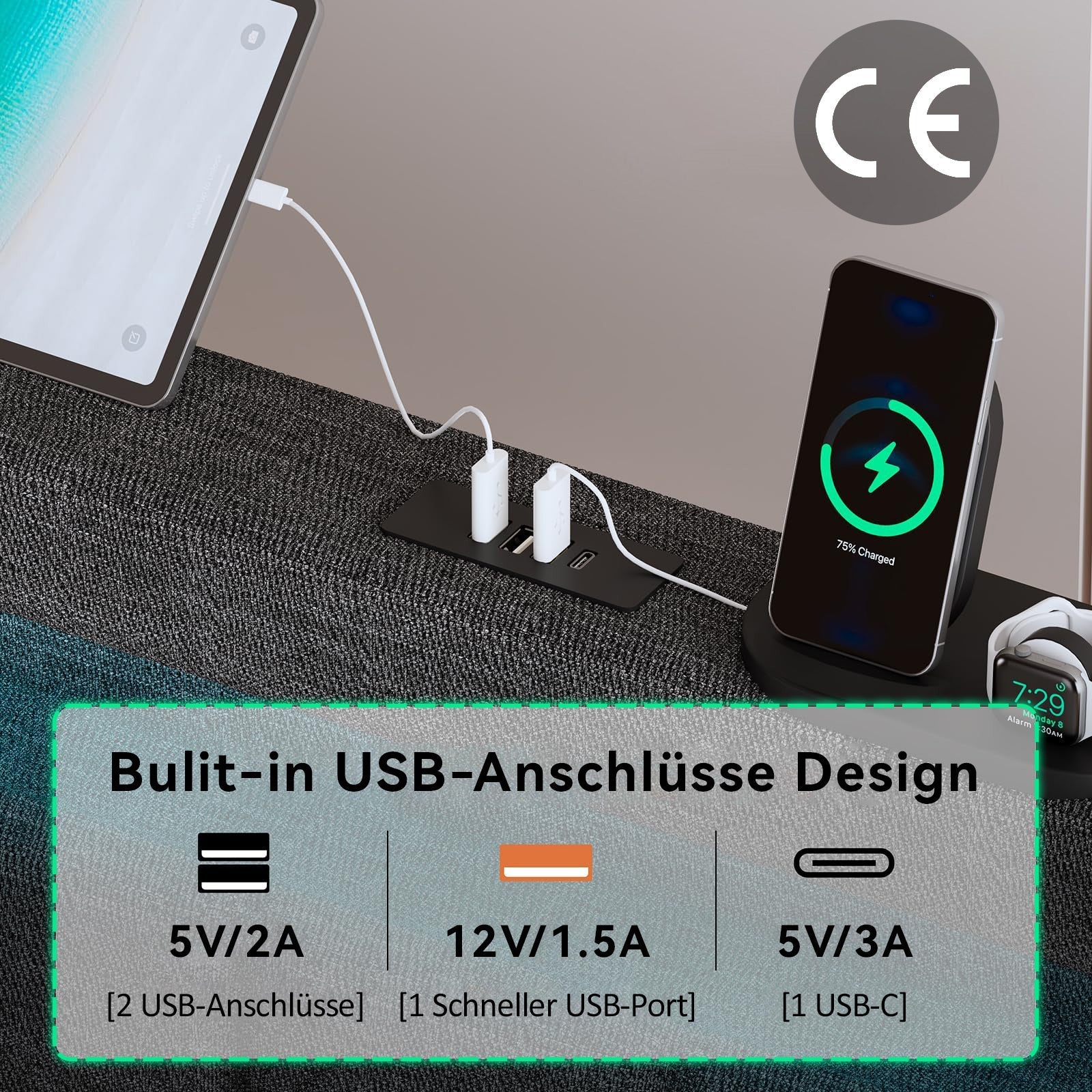 Upholstered Bed 160×200, Double Storage with App Control LED & USB-C, Linen Grey - Image 10