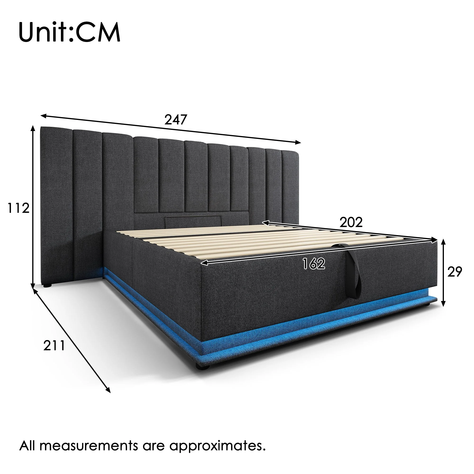 Upholstered Bed 160×200, Double Storage with App Control LED & USB-C, Linen Grey - Image 2