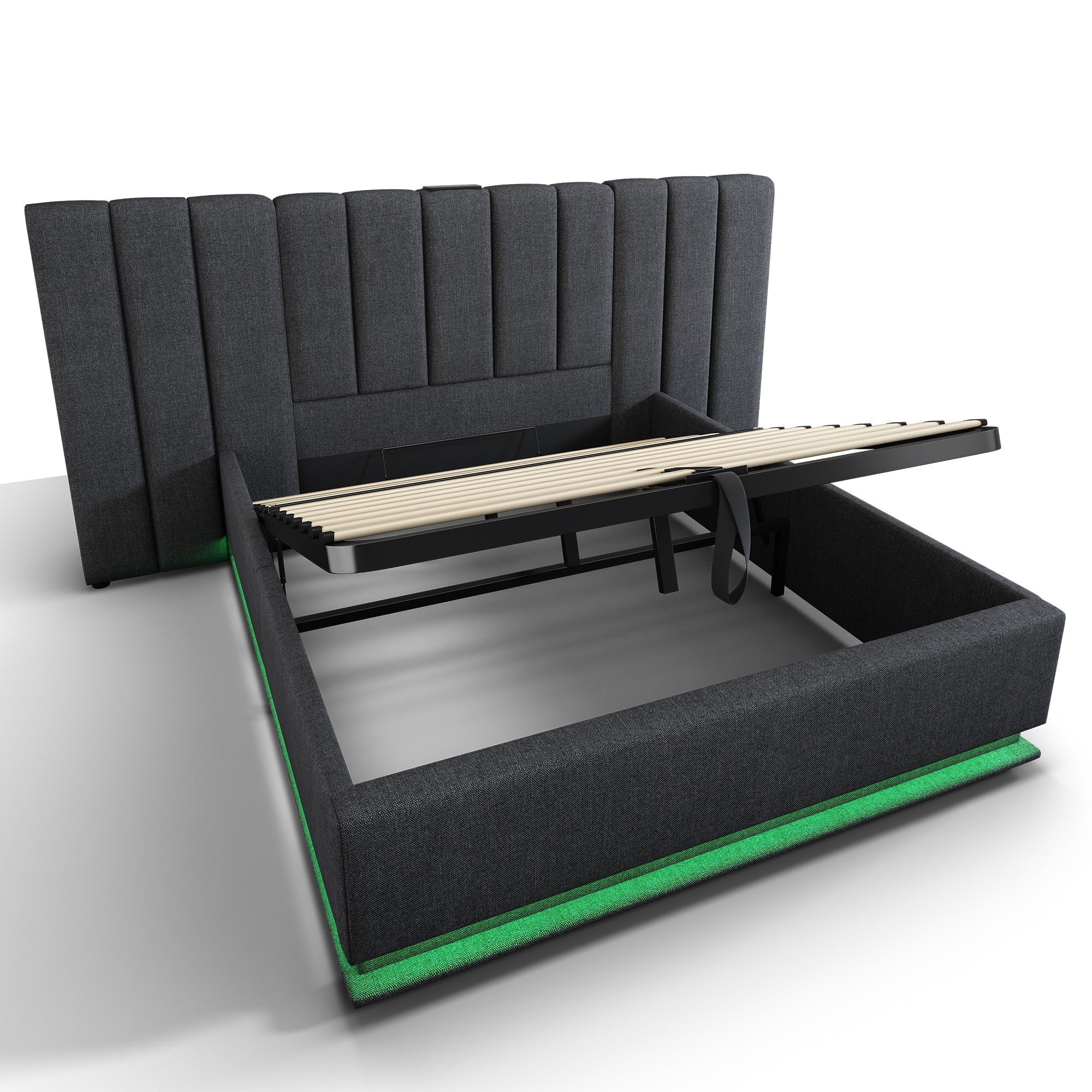 Upholstered Bed 160×200, Double Storage with App Control LED & USB-C, Linen Grey - Image 4