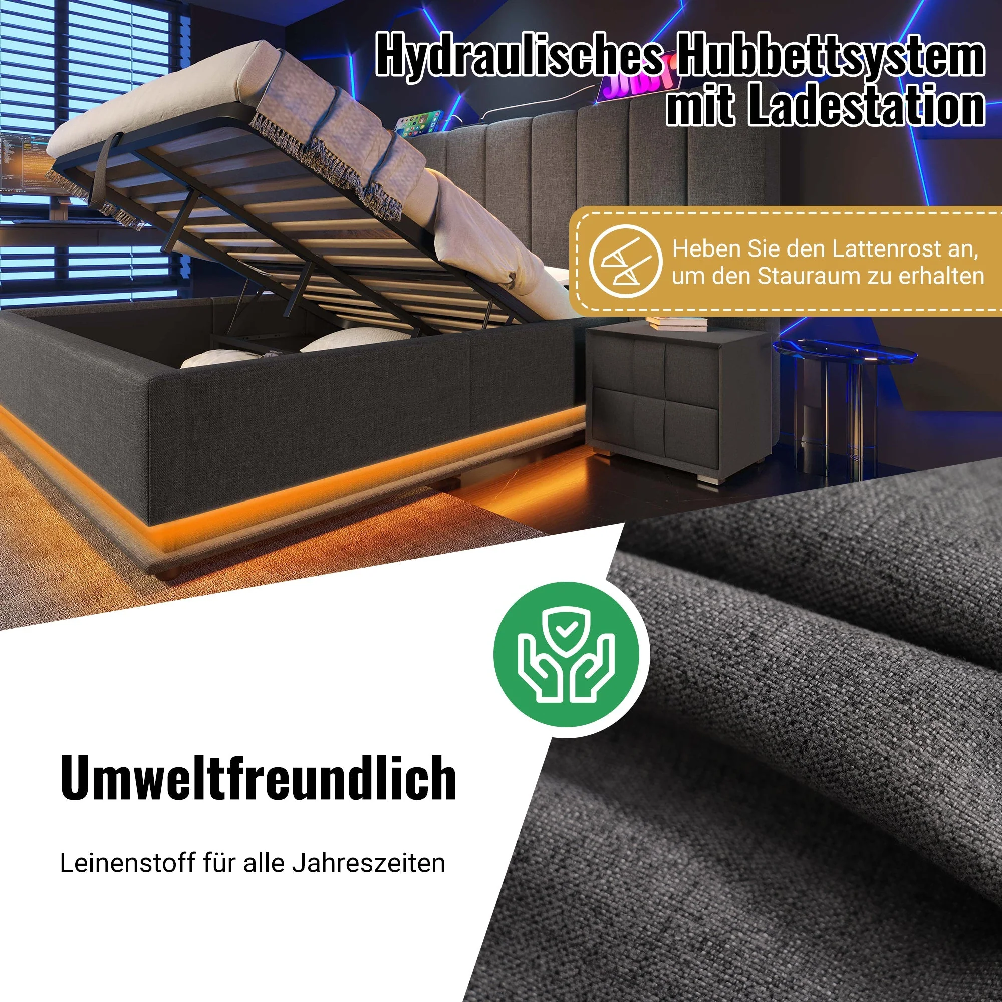 Upholstered Bed 160×200, Double Storage with App Control LED & USB-C, Linen Grey - Image 6