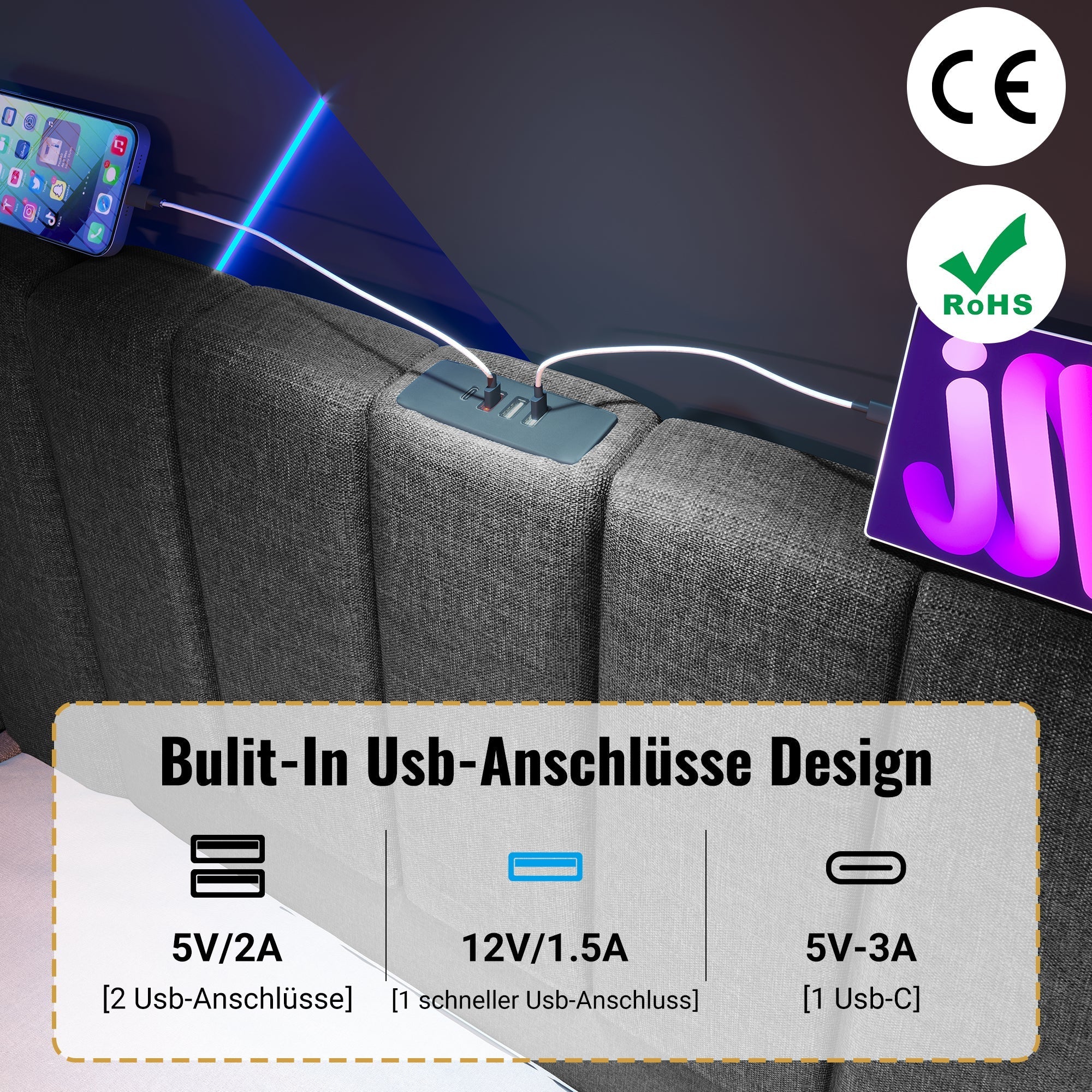 Upholstered Bed 160×200, Double Storage with App Control LED & USB-C, Linen Grey - Image 7