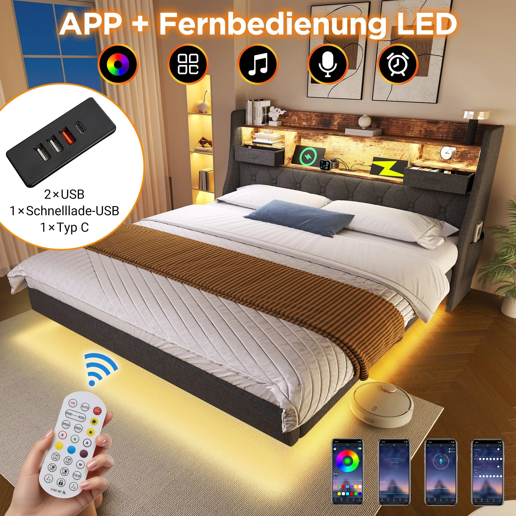 Upholstered Bed 160x200 Floating with LED, Charging Station, Storage Headboard Linen, Grey - Image 3