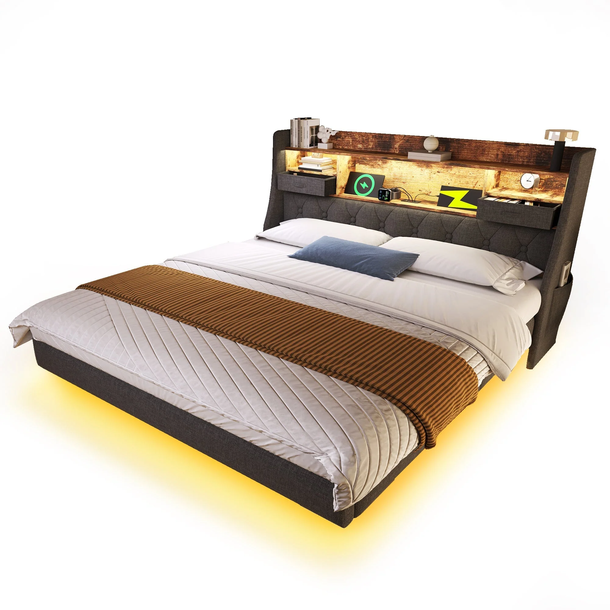 Upholstered Bed 160x200 Floating with LED, Charging Station, Storage Headboard Linen, Grey - Image 6