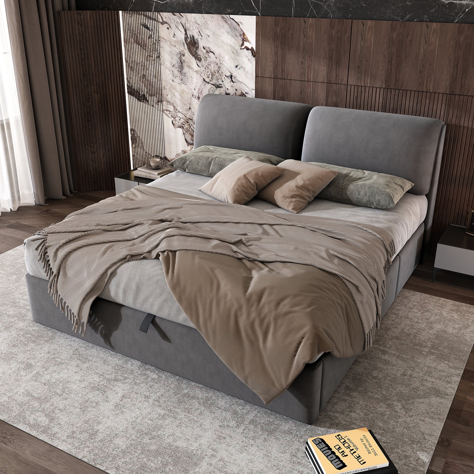 Upholstered Bed 160x200 Hydraulic Storage 3 Drawers Slatted Frame - Velvet Grey - Image 2
