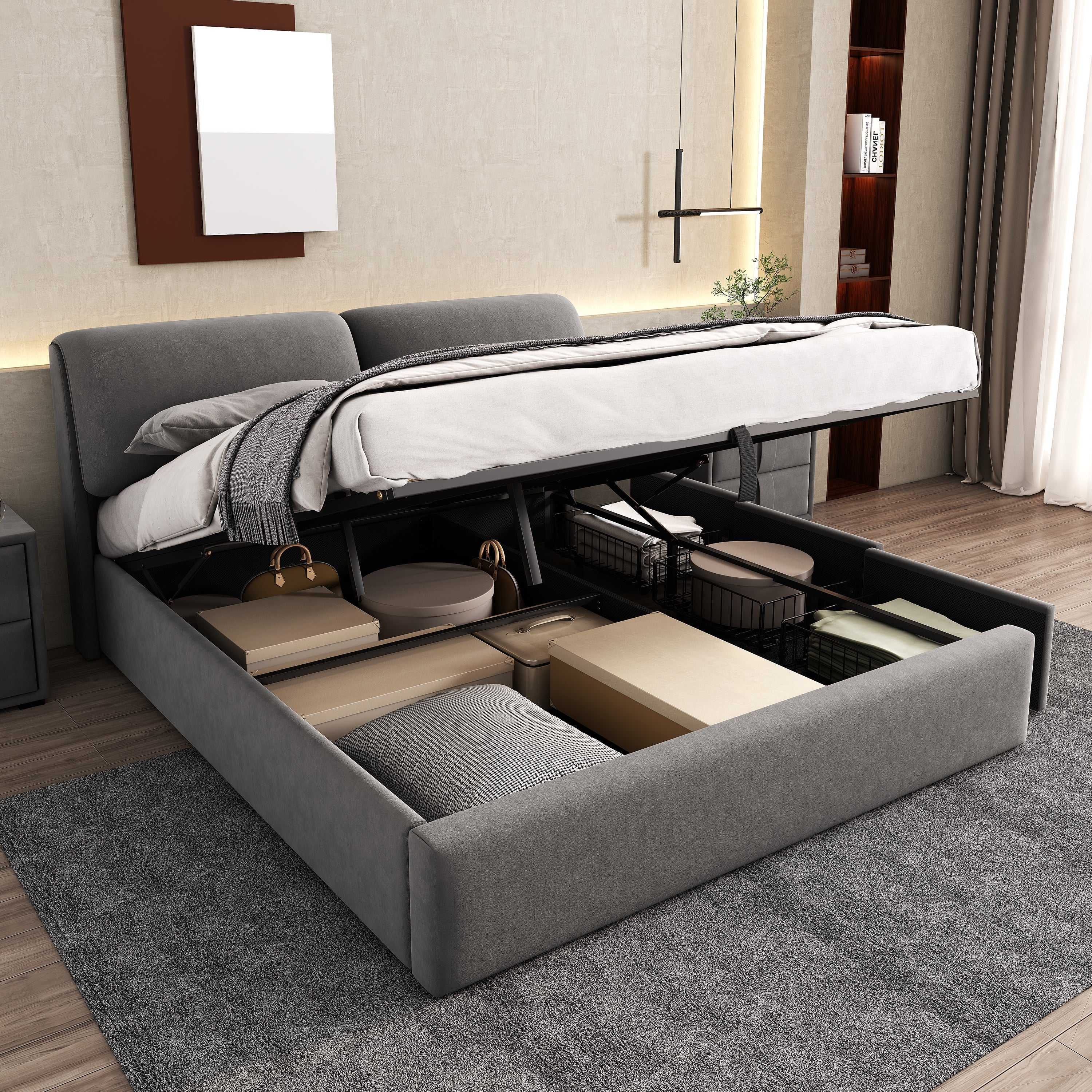 Upholstered Bed 160x200 Hydraulic Storage 3 Drawers Slatted Frame - Velvet Grey - Image 4