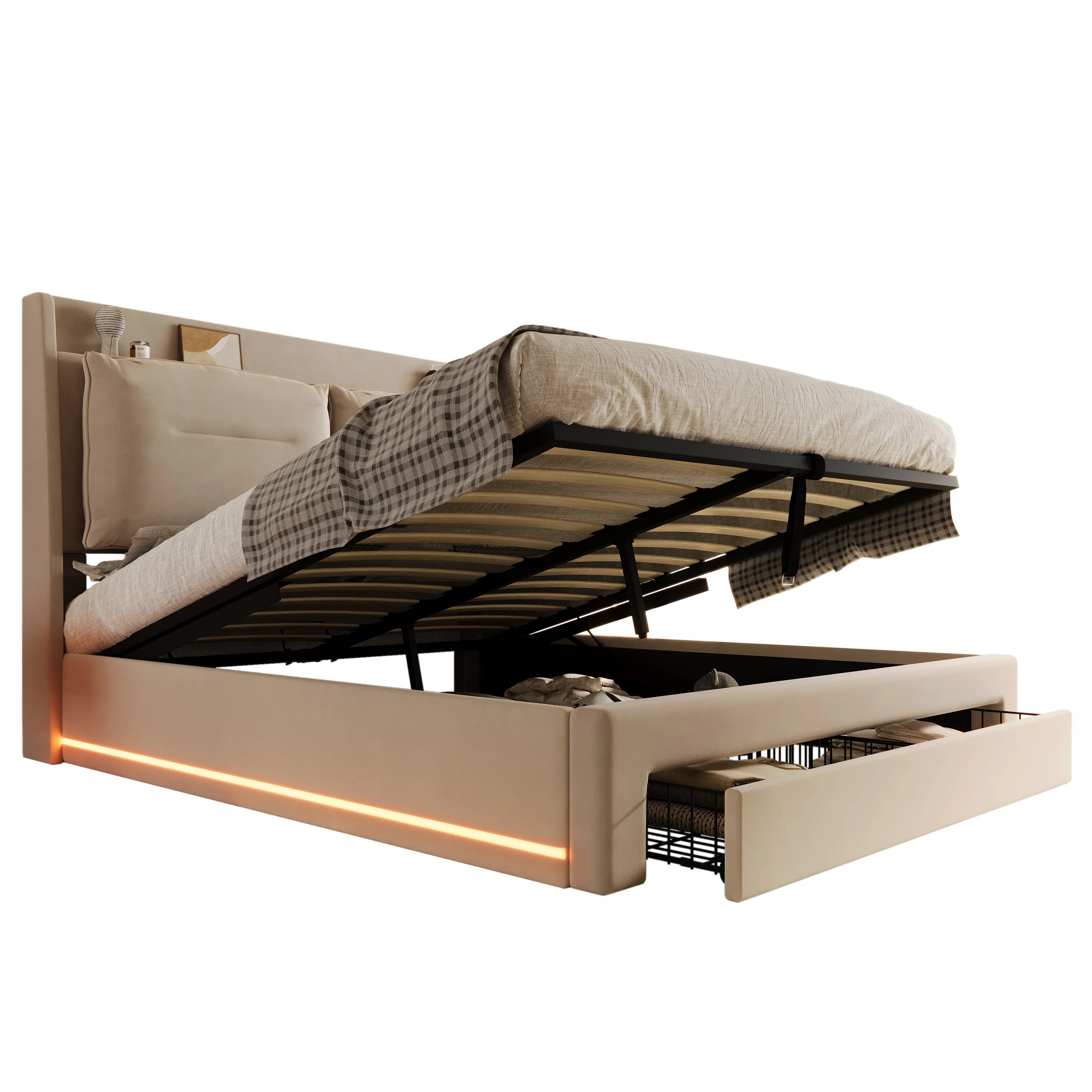 Upholstered Bed 160x200 Hydraulic Storage LED Light Drawers - Velvet Beige - Image 10
