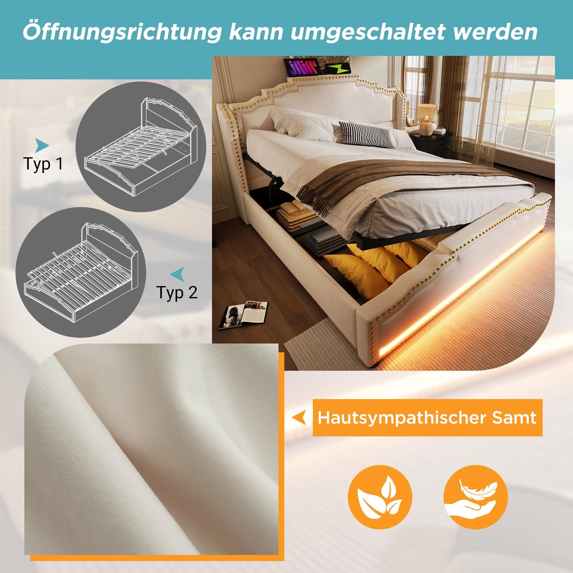 Upholstered Bed 160x200, Hydraulic Storage, LED, USB-C, Velvet Beige - Image 5