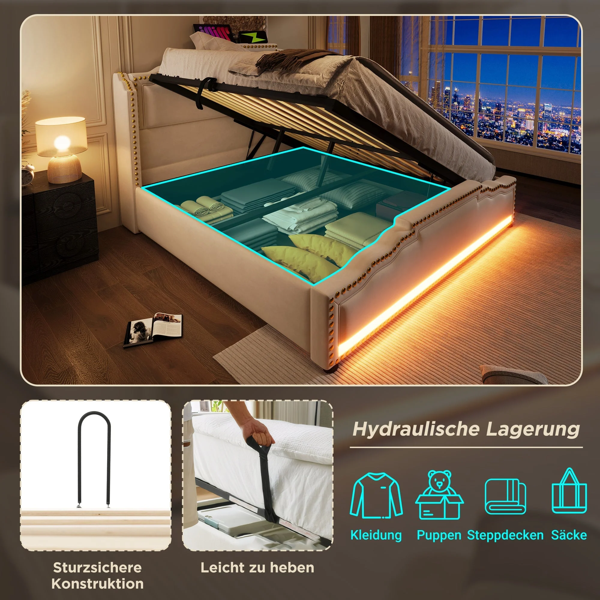 Upholstered Bed 160x200, Hydraulic Storage, LED, USB-C, Velvet Beige - Image 7