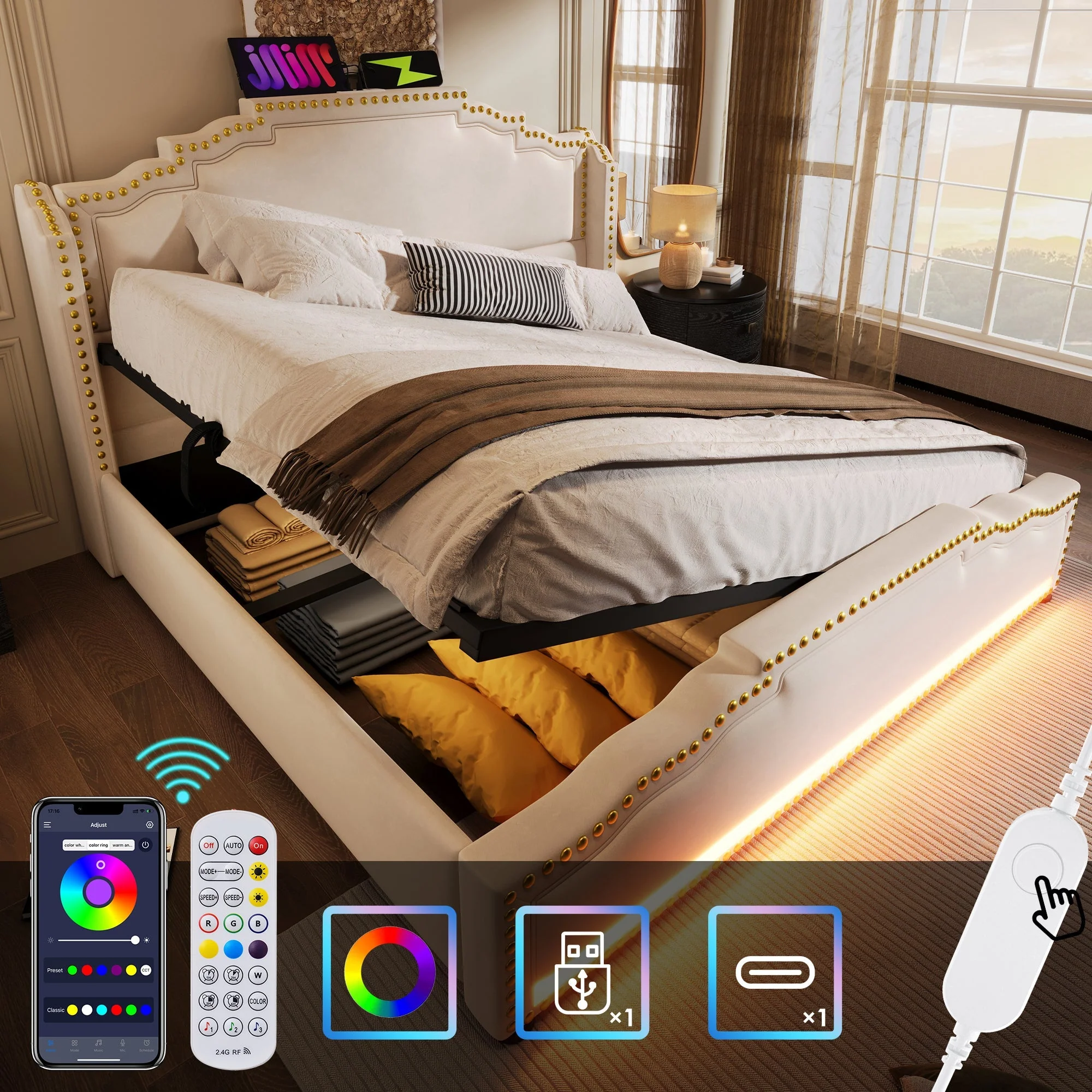 Upholstered Bed 160x200 Hydraulic Storage LED/USB Slatted Base with Mattress, Velvet Beige - Image 4