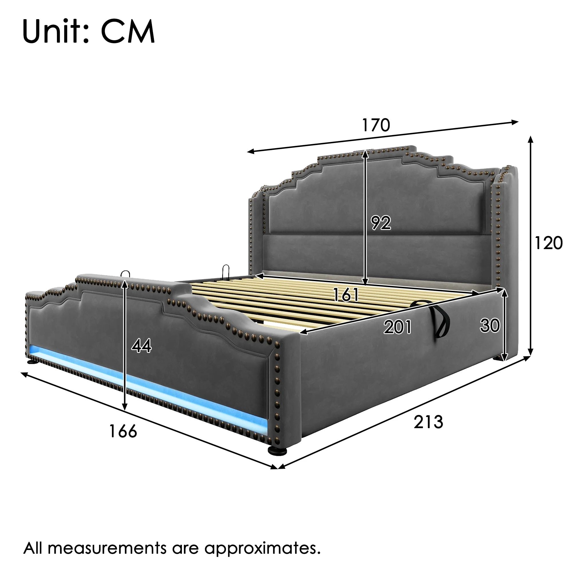 Upholstered Bed 160x200 Hydraulic Storage LED/USB Velvet Grey (with Mattress) - Image 3