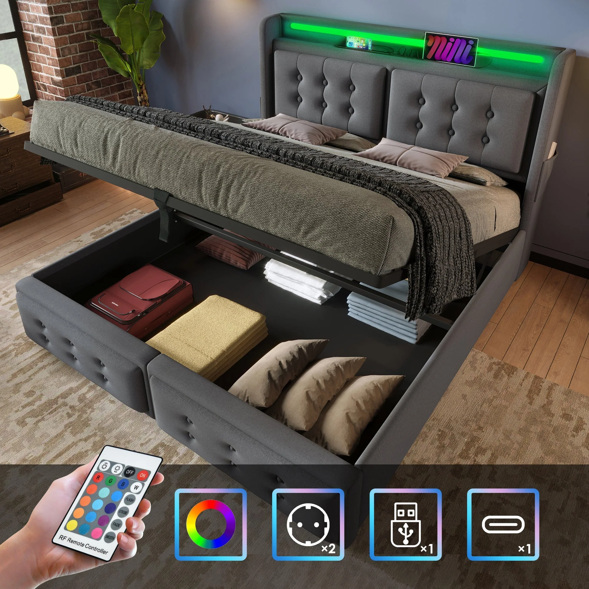 Upholstered Bed 160x200, LED Headboard with USB C, Hydraulic, 300kg Load, Gray Cotton - Image 2