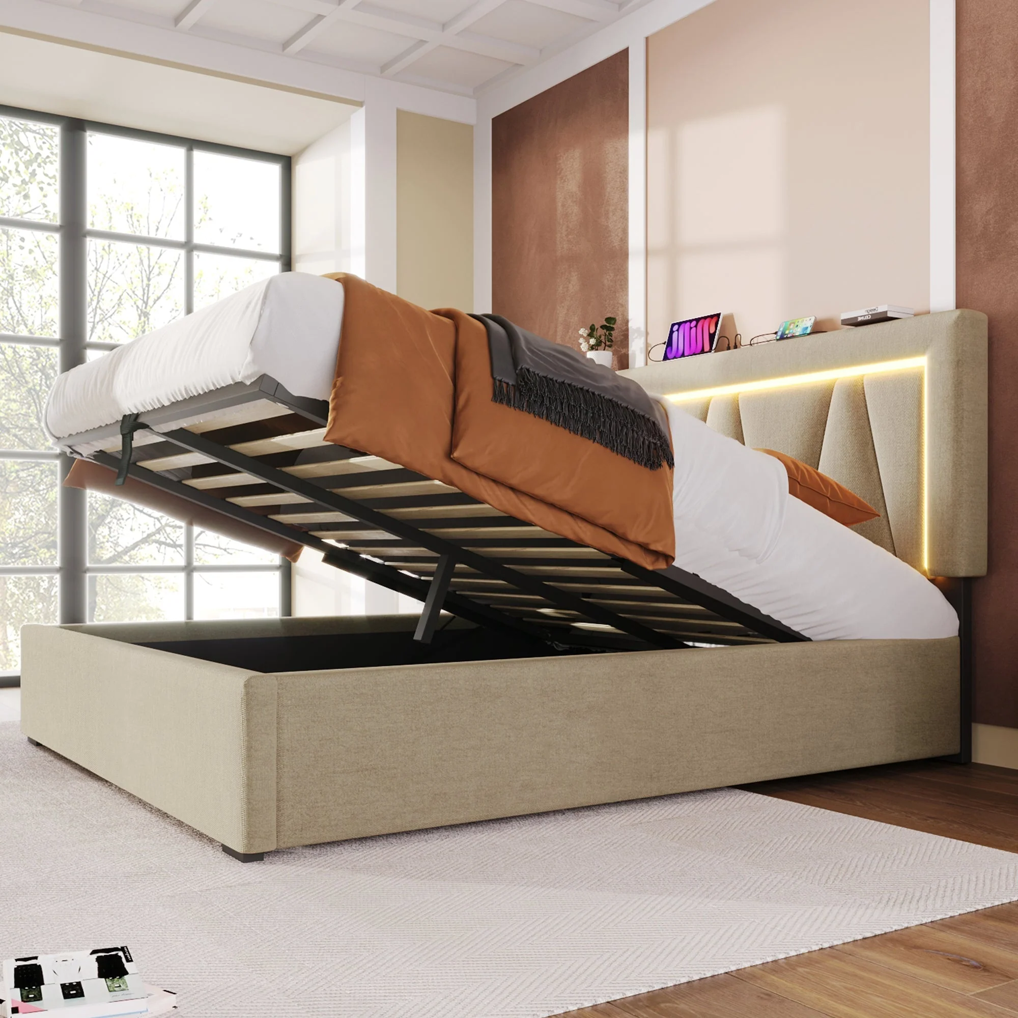 Upholstered Bed 160x200 LED USB-C Storage, Linen - Image 7
