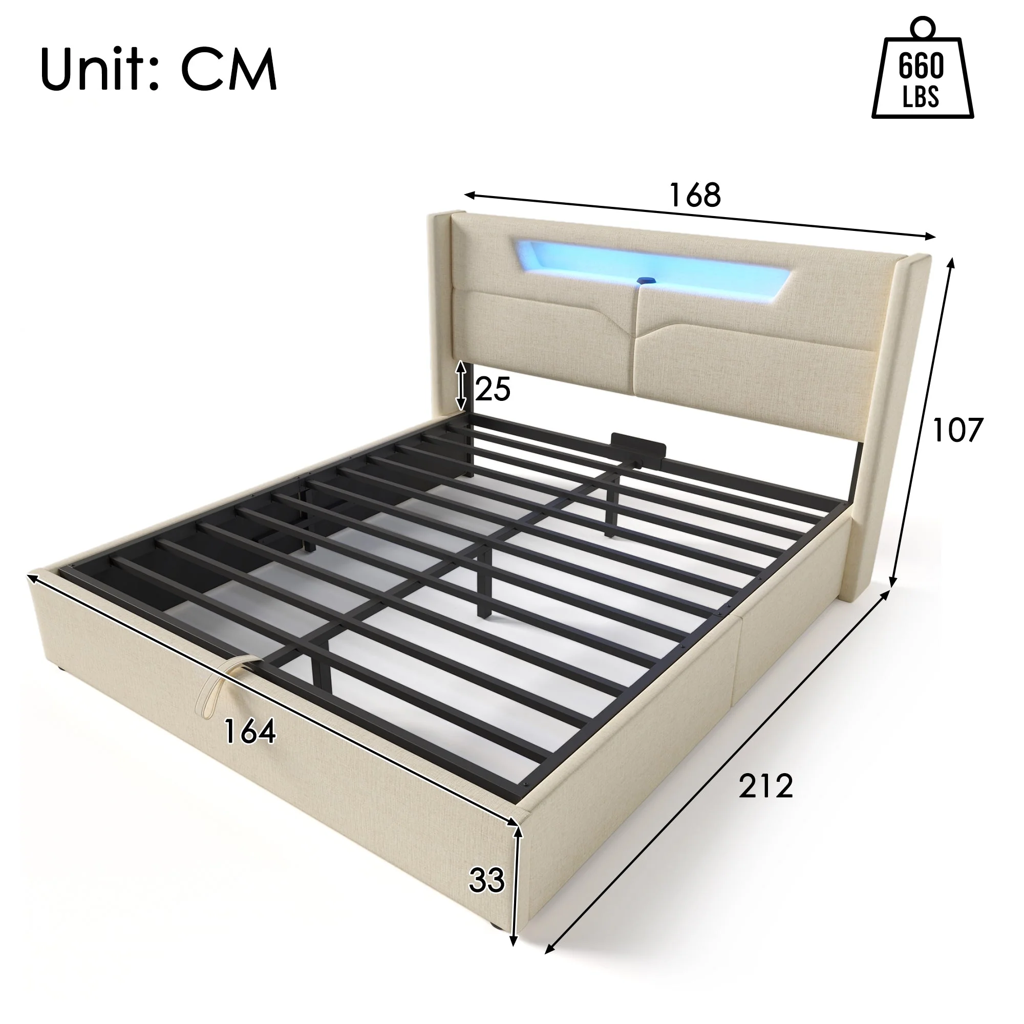 Upholstered Bed 160x200 LED USB-C Storage Slatted Base Linen - Image 2