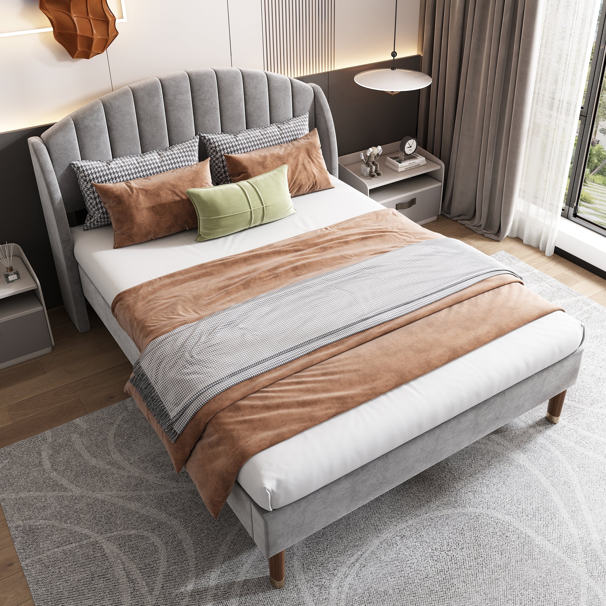 Upholstered Bed 160x200 Slatted Base Headboard Easy Assembly, Velvet Grey - Image 3
