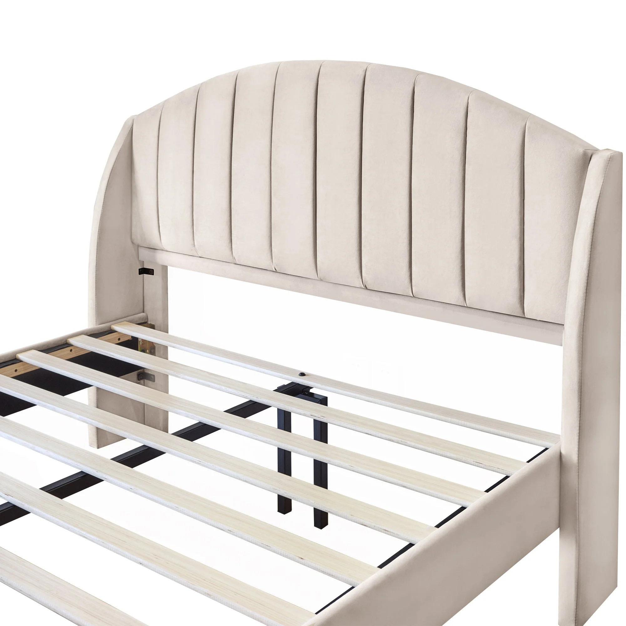 Upholstered Bed 160x200 Slatted Base Headboard - Velvet Beige - Image 10
