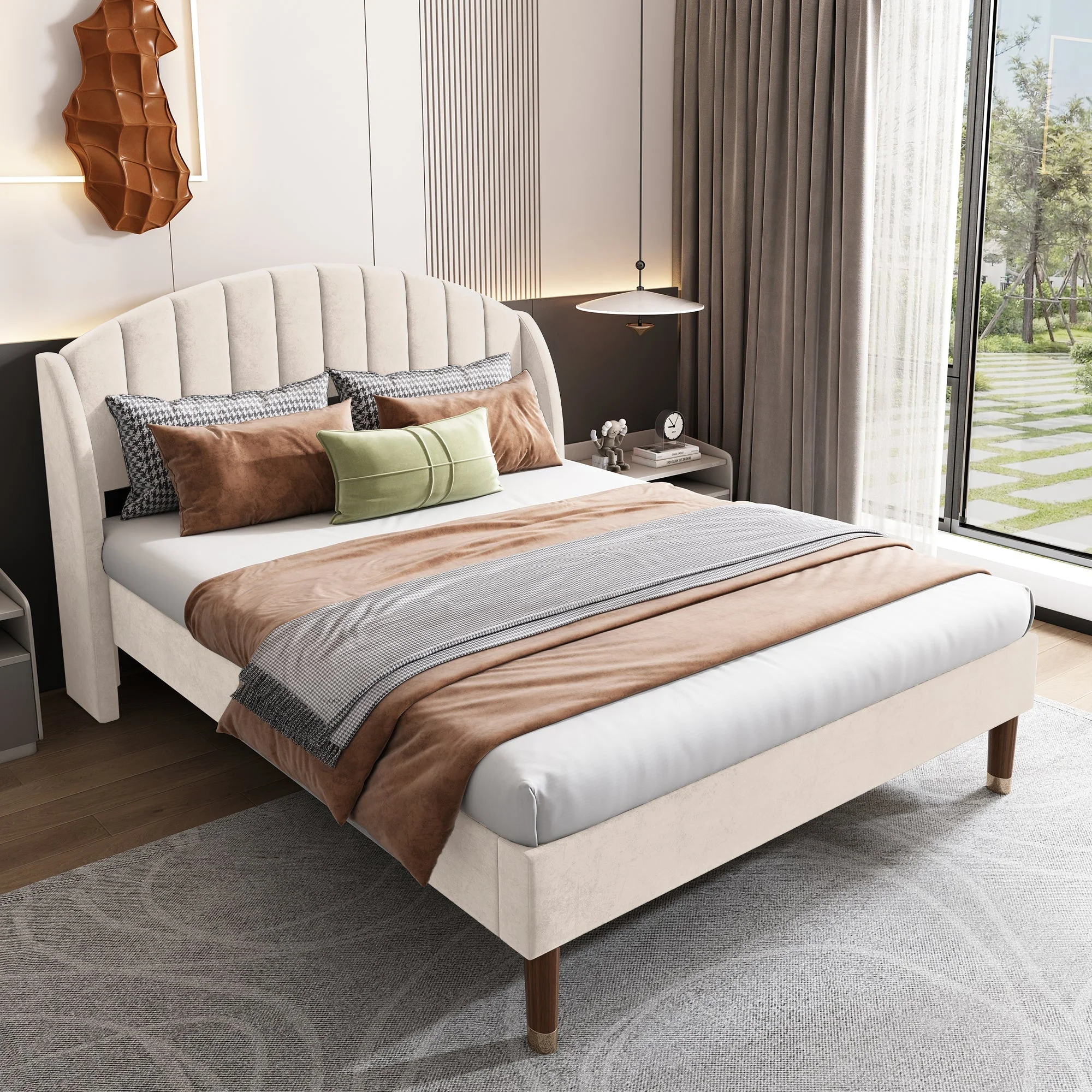 Upholstered Bed 160x200 Slatted Base Headboard - Velvet Beige - Image 4