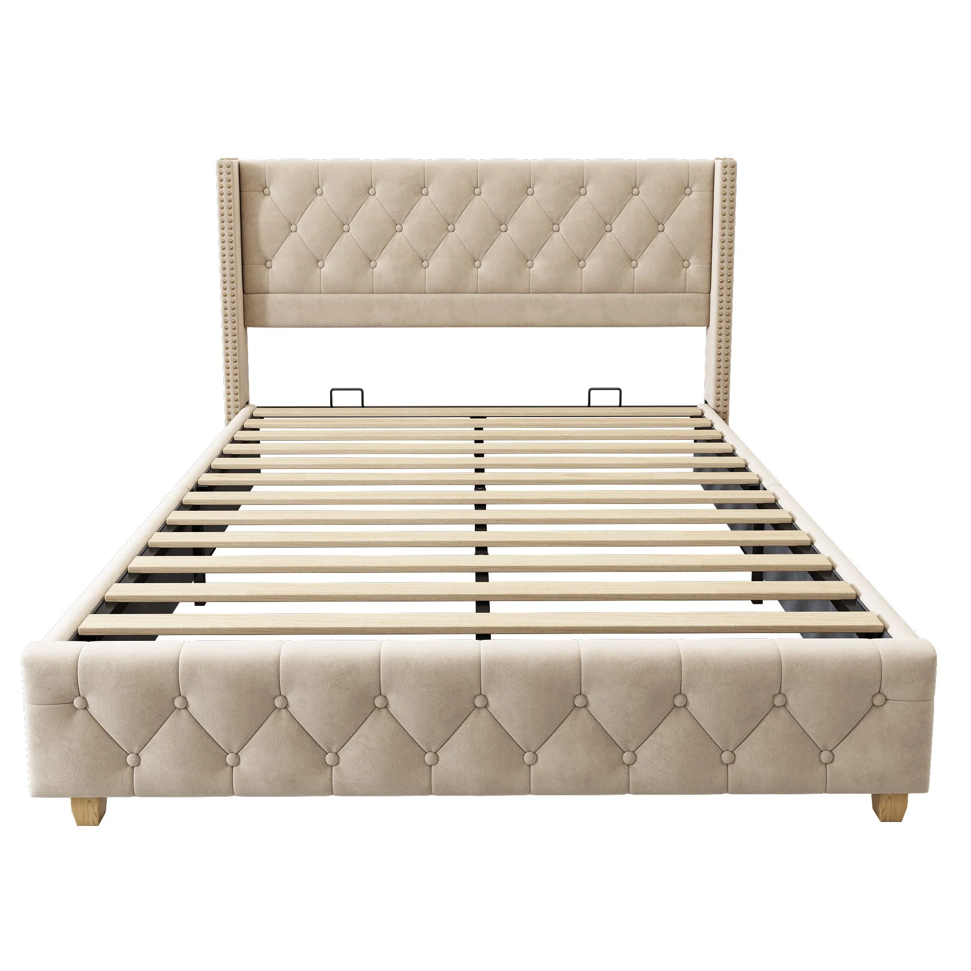 Upholstered Bed 160x200cm Button & Studded Headboard Slatted Frame - Light Beige Velvet - Image 6