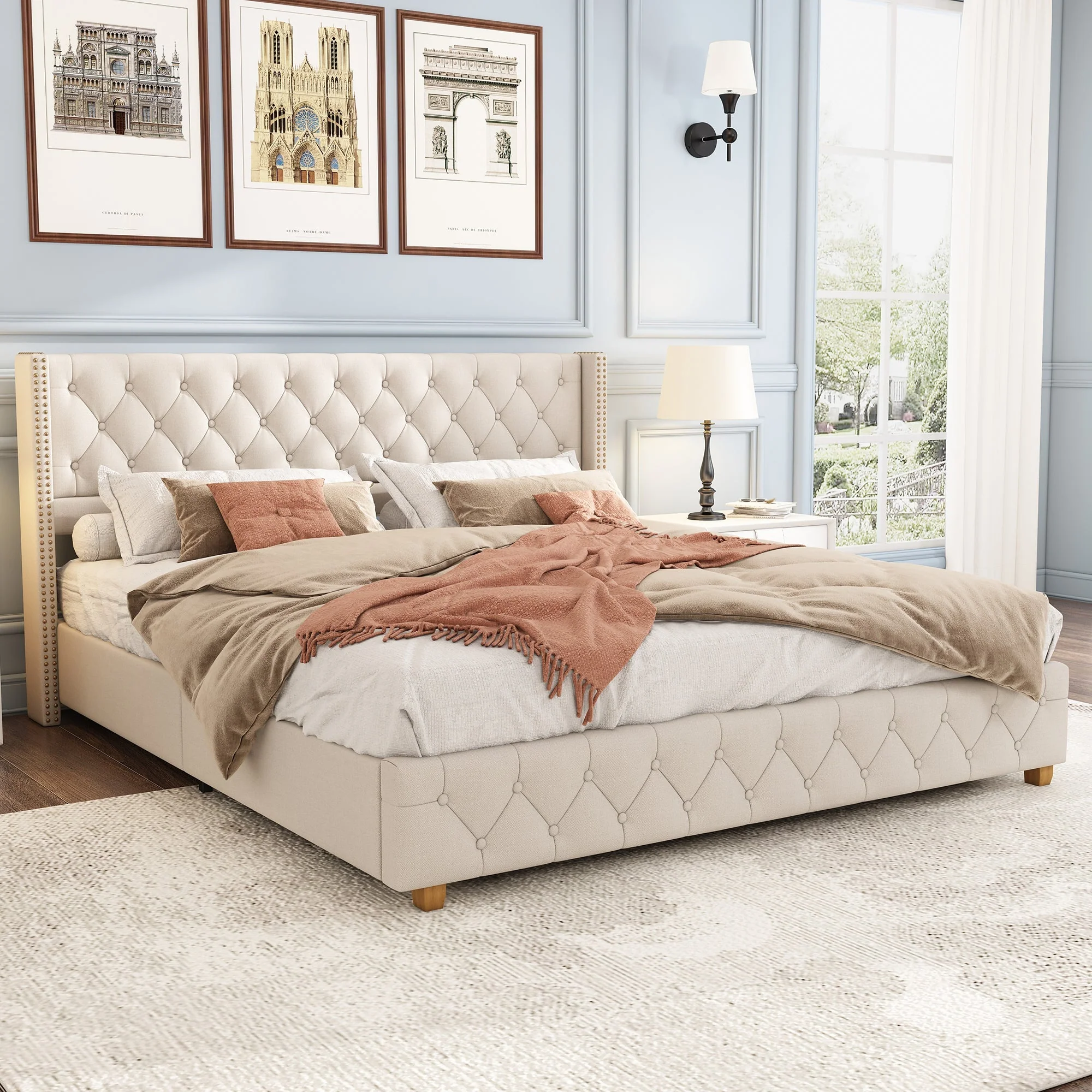 Upholstered Bed 160x200cm Button Studded Headboard Slatted Frame - Linen Beige - Image 4
