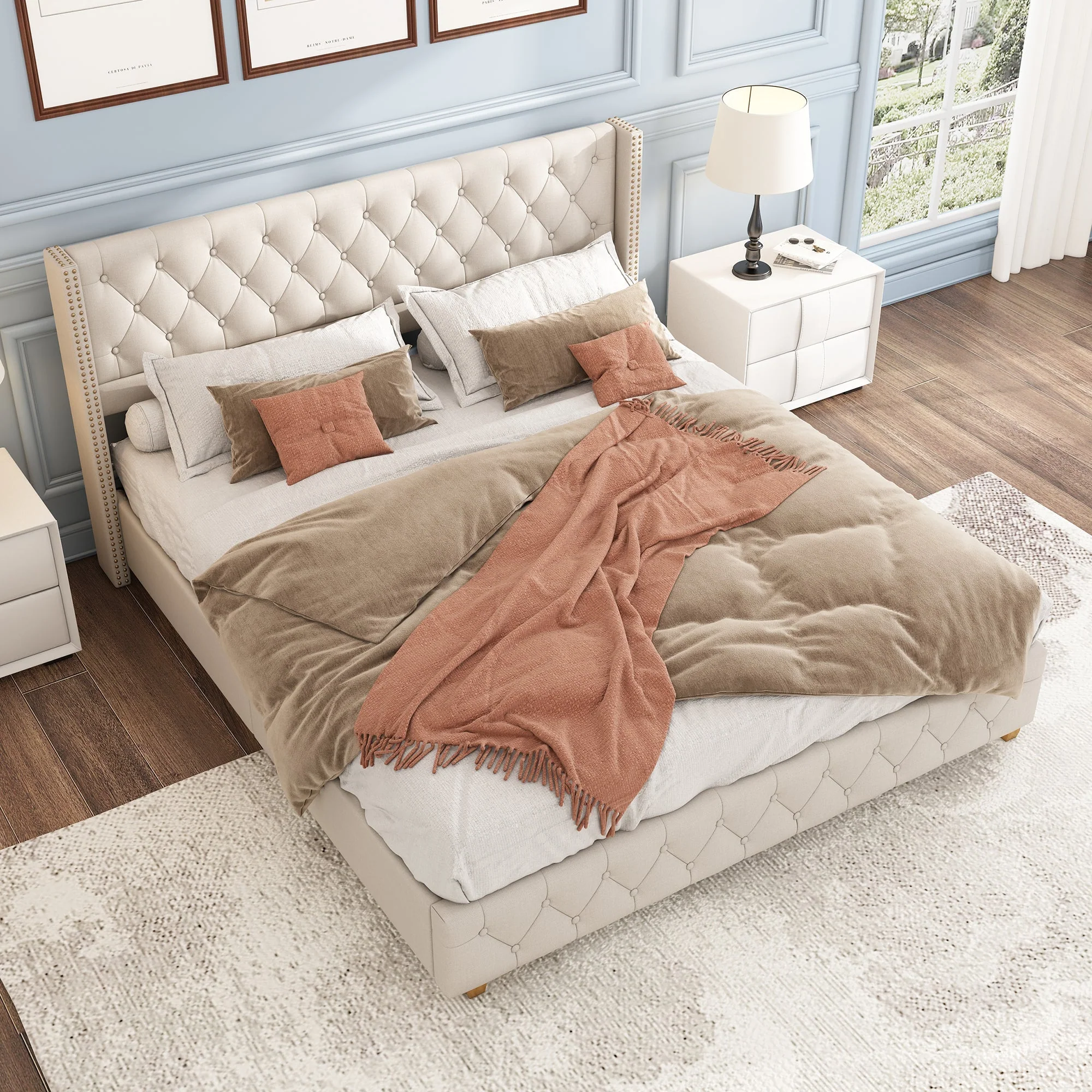 Upholstered Bed 160x200cm Button Studded Headboard Slatted Frame - Linen Beige - Image 6