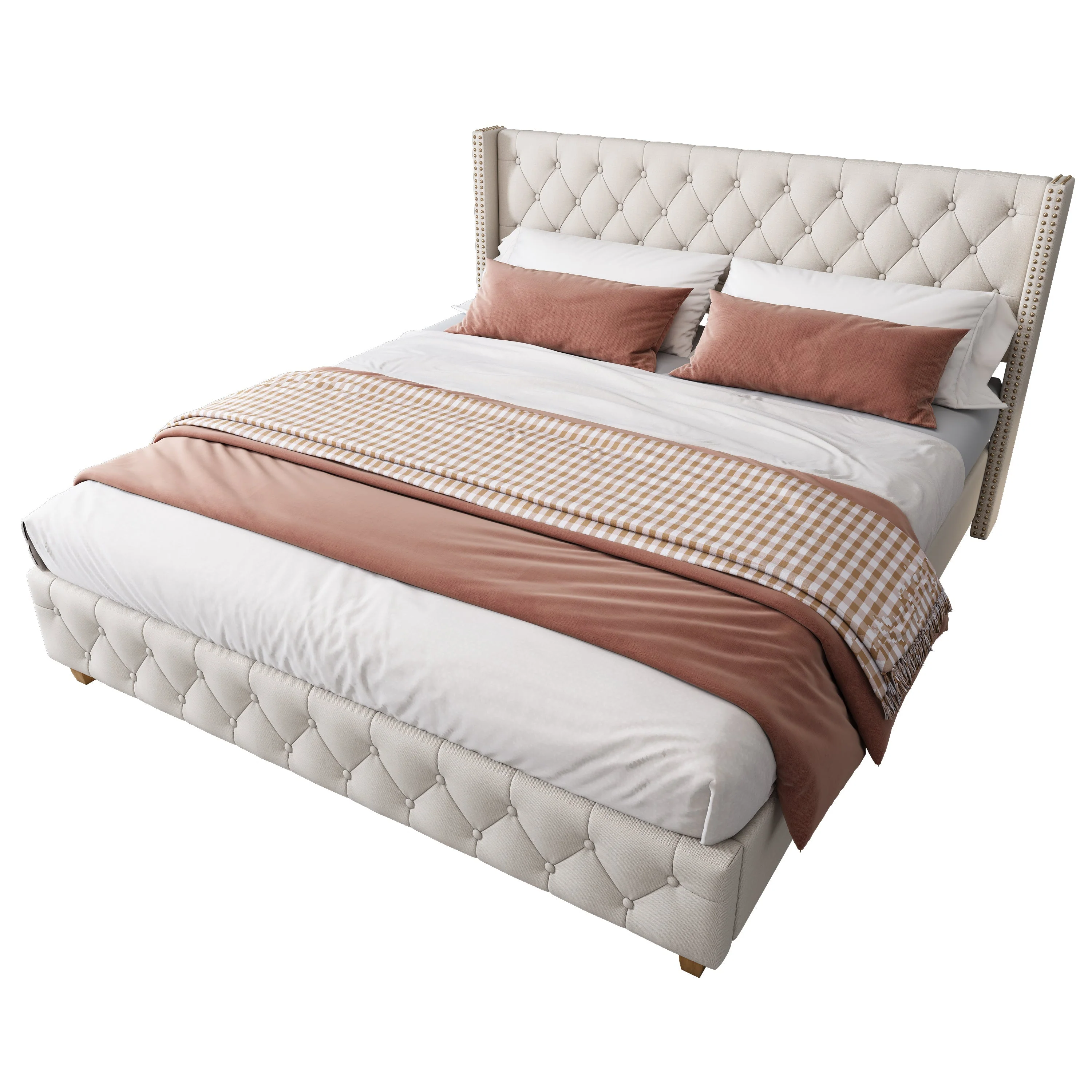 Upholstered Bed 160x200cm Button Studded Headboard Slatted Frame - Linen Beige - Image 7