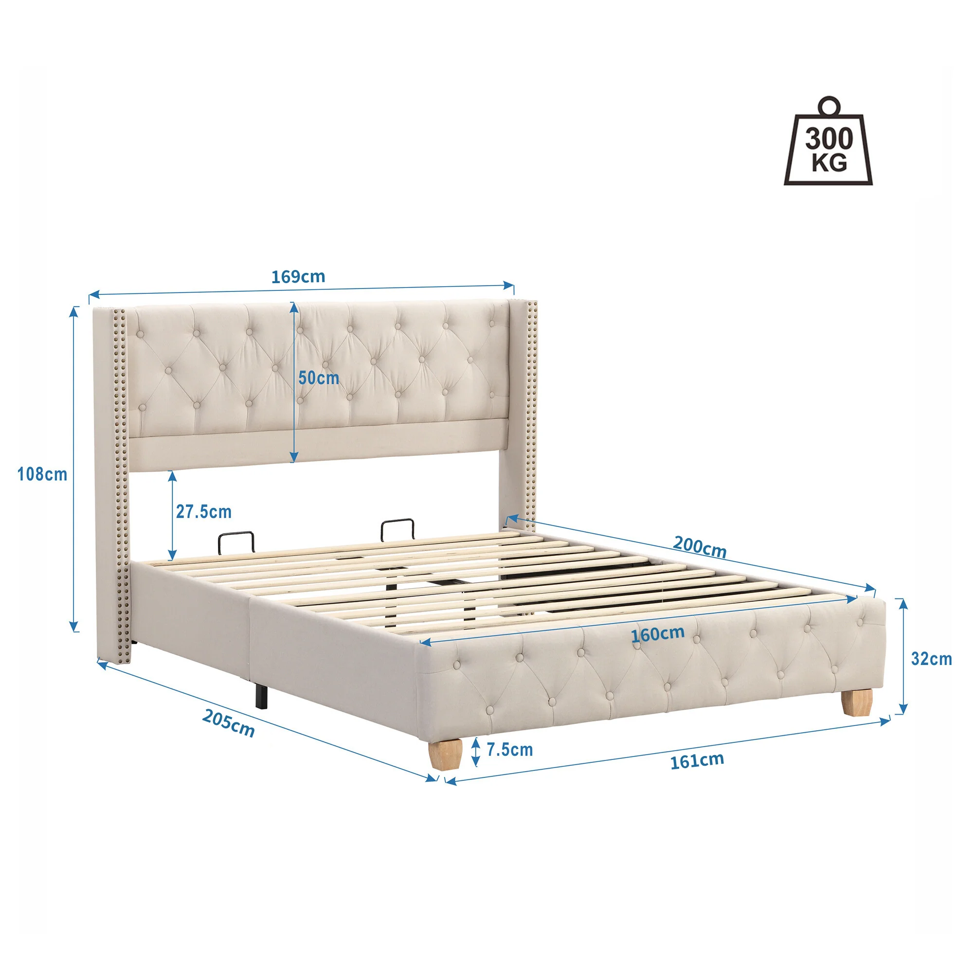 Upholstered Bed 160x200cm Button Studded Headboard Slatted Frame - Linen Beige - Image 8