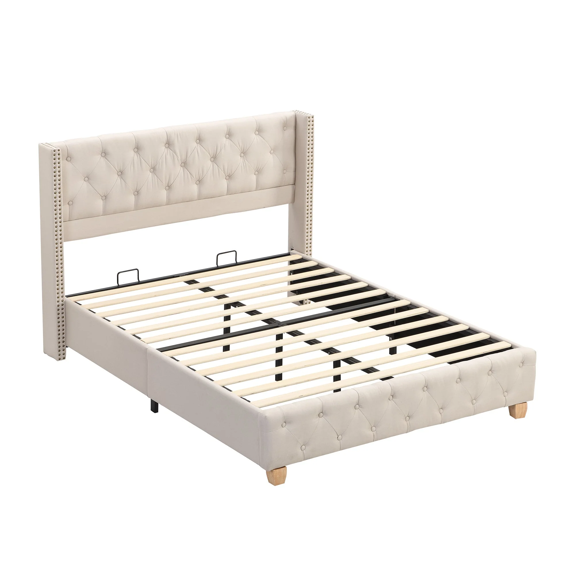 Upholstered Bed 160x200cm Button Studded Headboard Slatted Frame - Linen Beige - Image 9